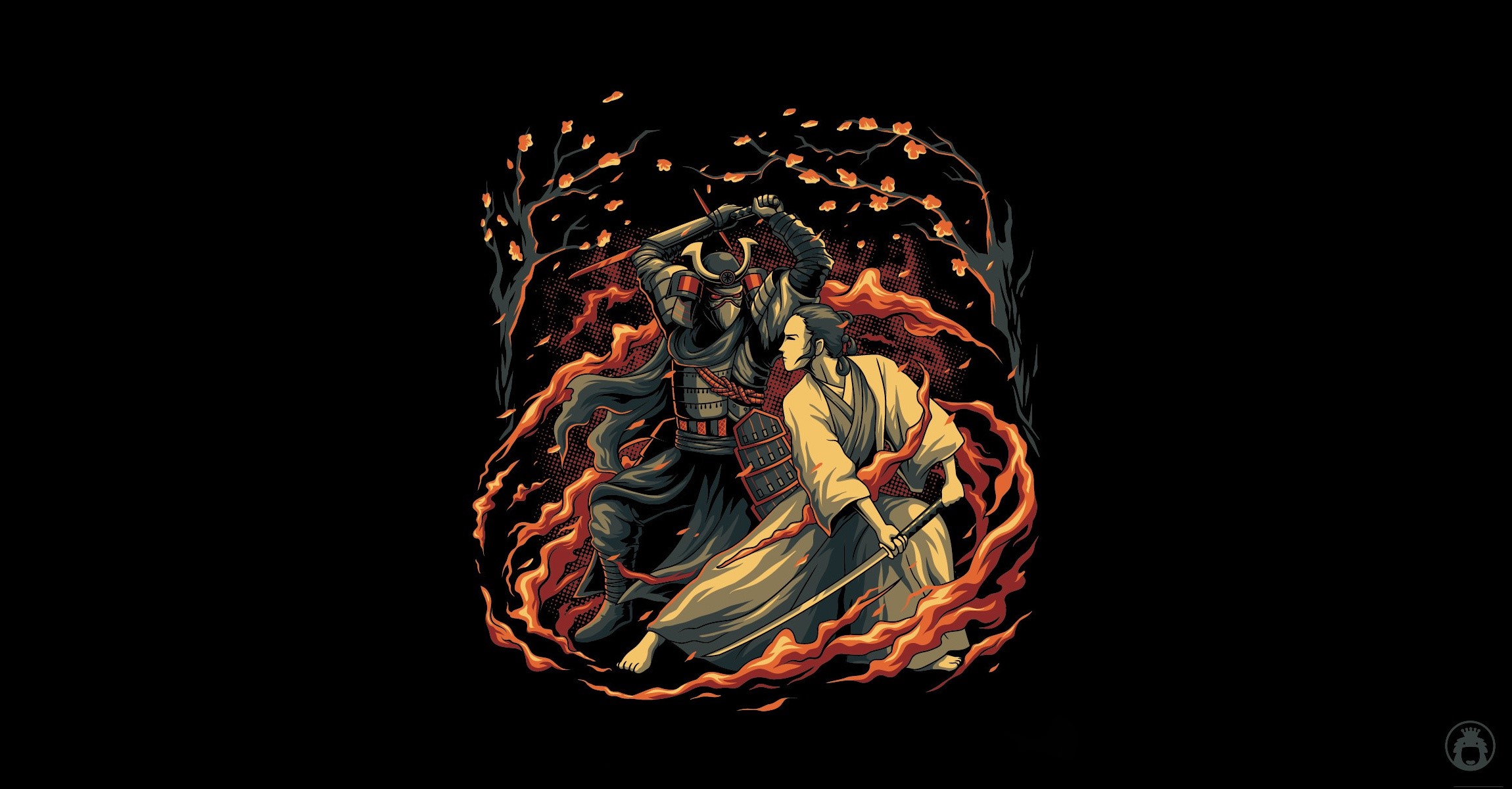 Two samurai warriors fighting amidst flames and cherry blossoms HD Wallpaper