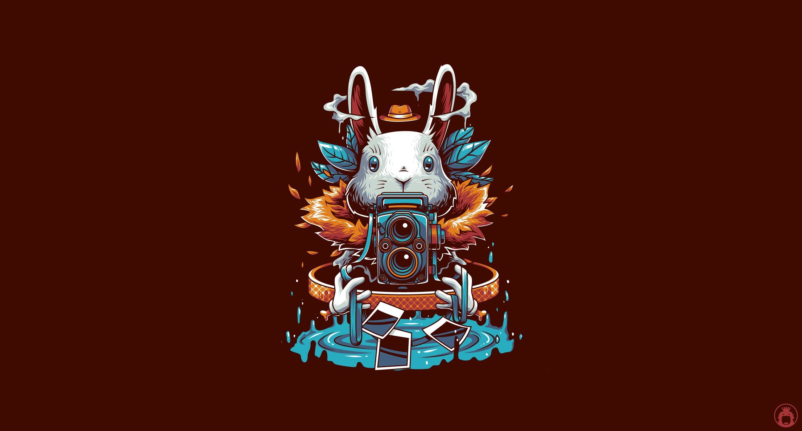 Rabbit with a vintage camera and photos HD Wallpaper