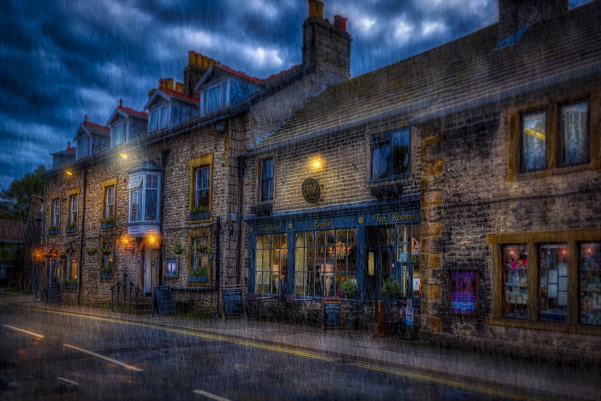 Town street in the rain at dusk HD Wallpaper