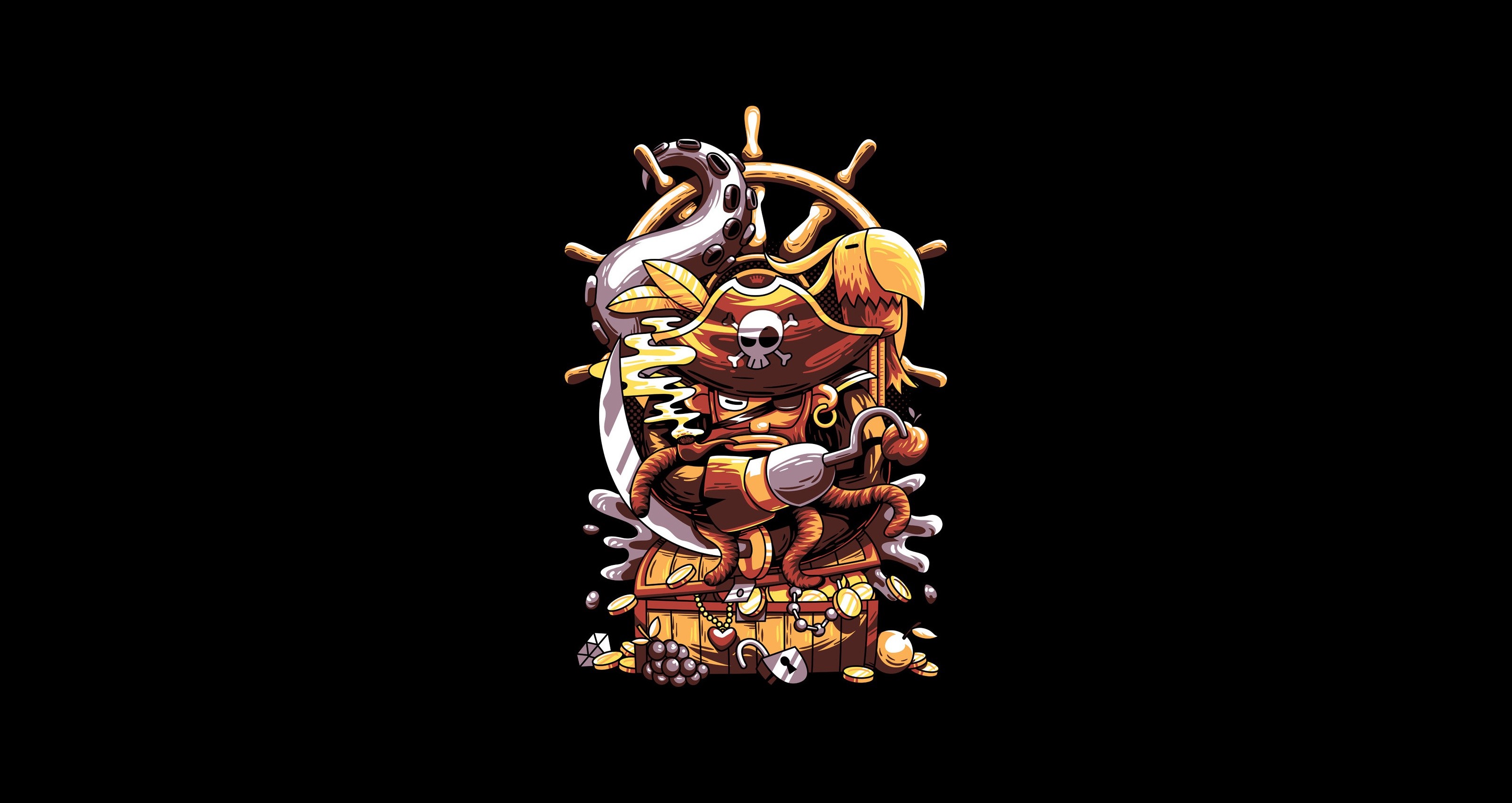 Pirate with tentacles, sword, and treasure chest HD Wallpaper