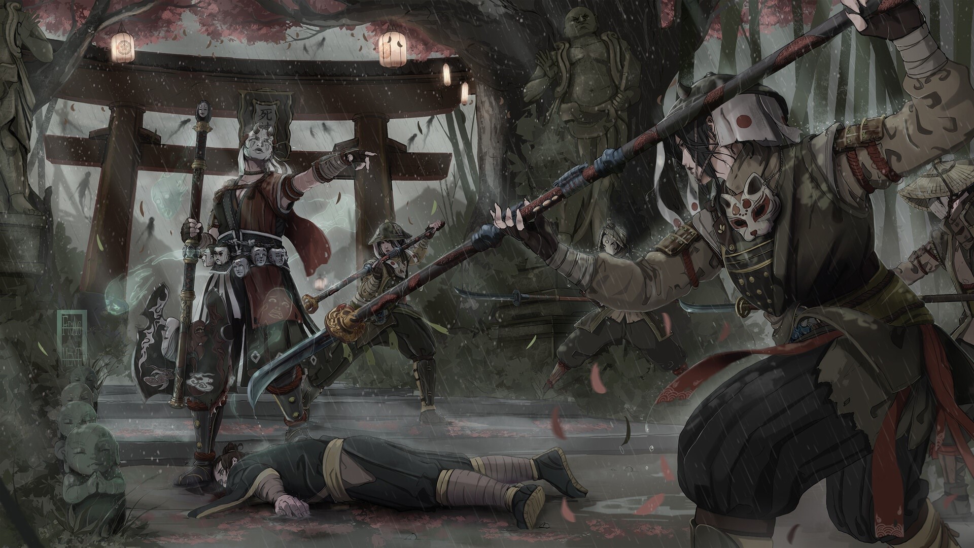 Warriors in a Japanese Shrine during a Battle HD Wallpaper