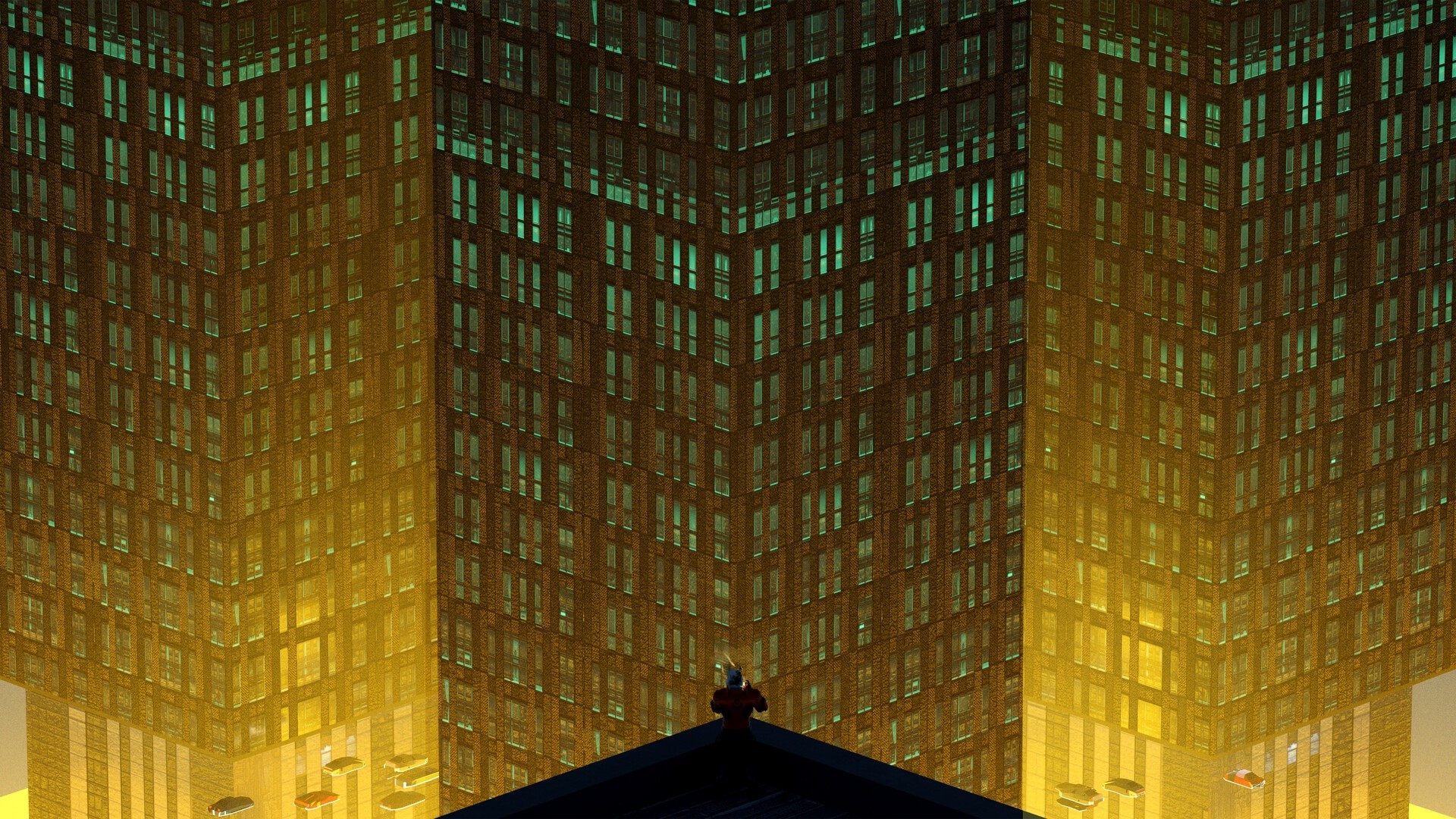 Person on rooftop overlooking city buildings at night HD Wallpaper