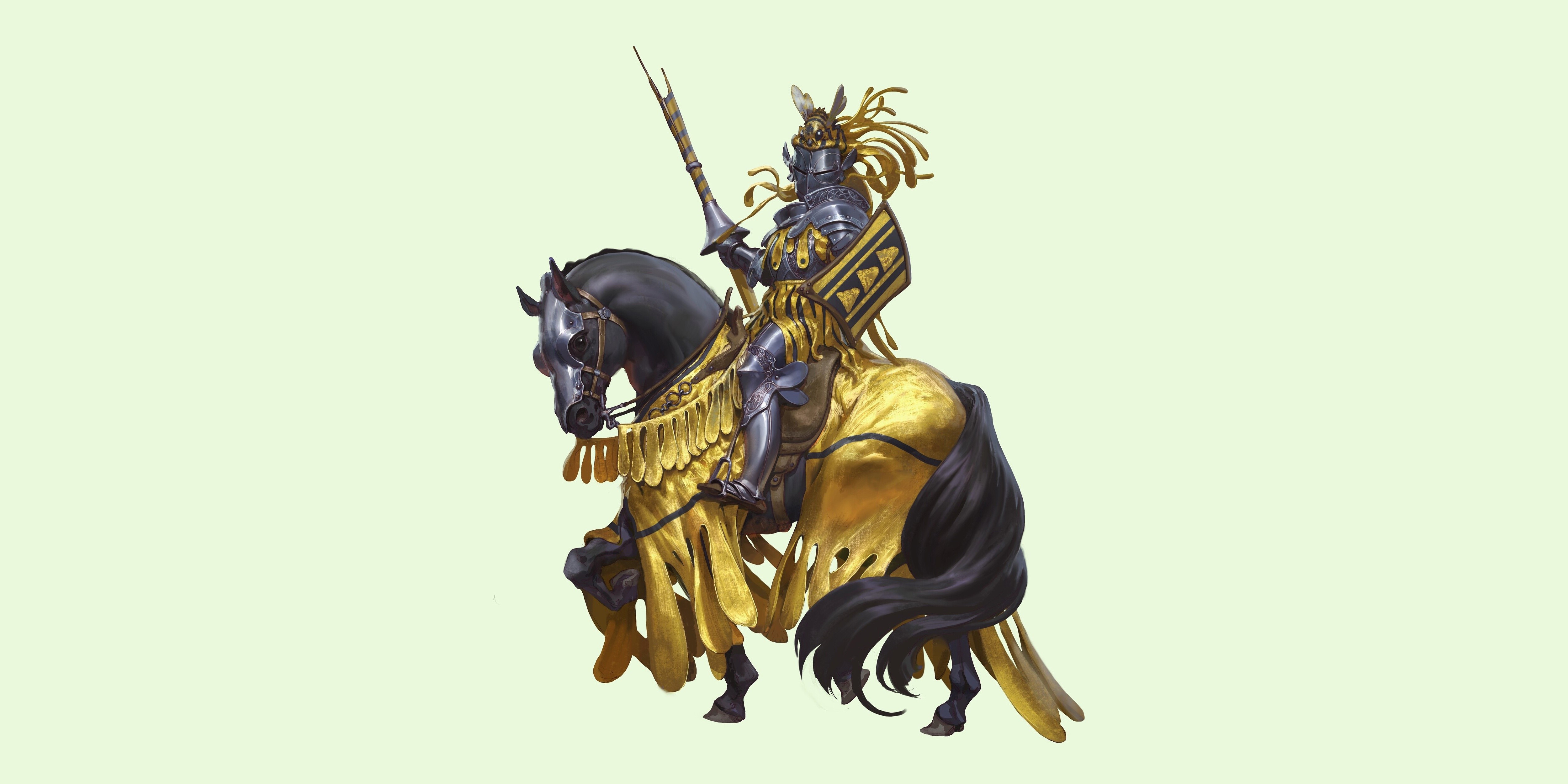 Knight in armor on a horse with golden trappings HD Wallpaper