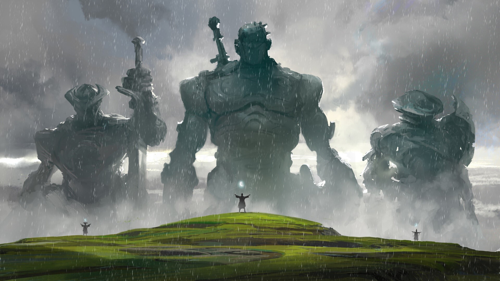 Three giant stone figures in the rain with small figures on a hill HD Wallpaper