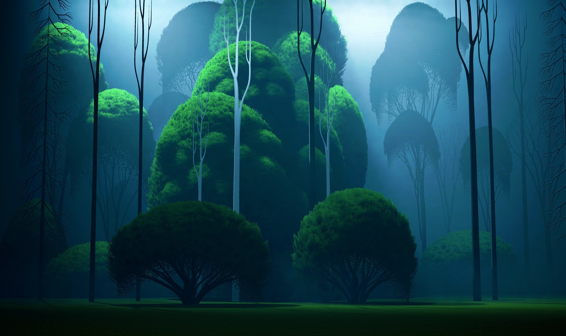Misty forest with green trees and bare branches HD Wallpaper