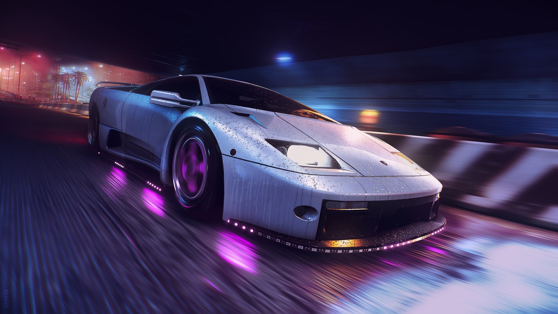 White Lamborghini Diablo driving at night HD Wallpaper