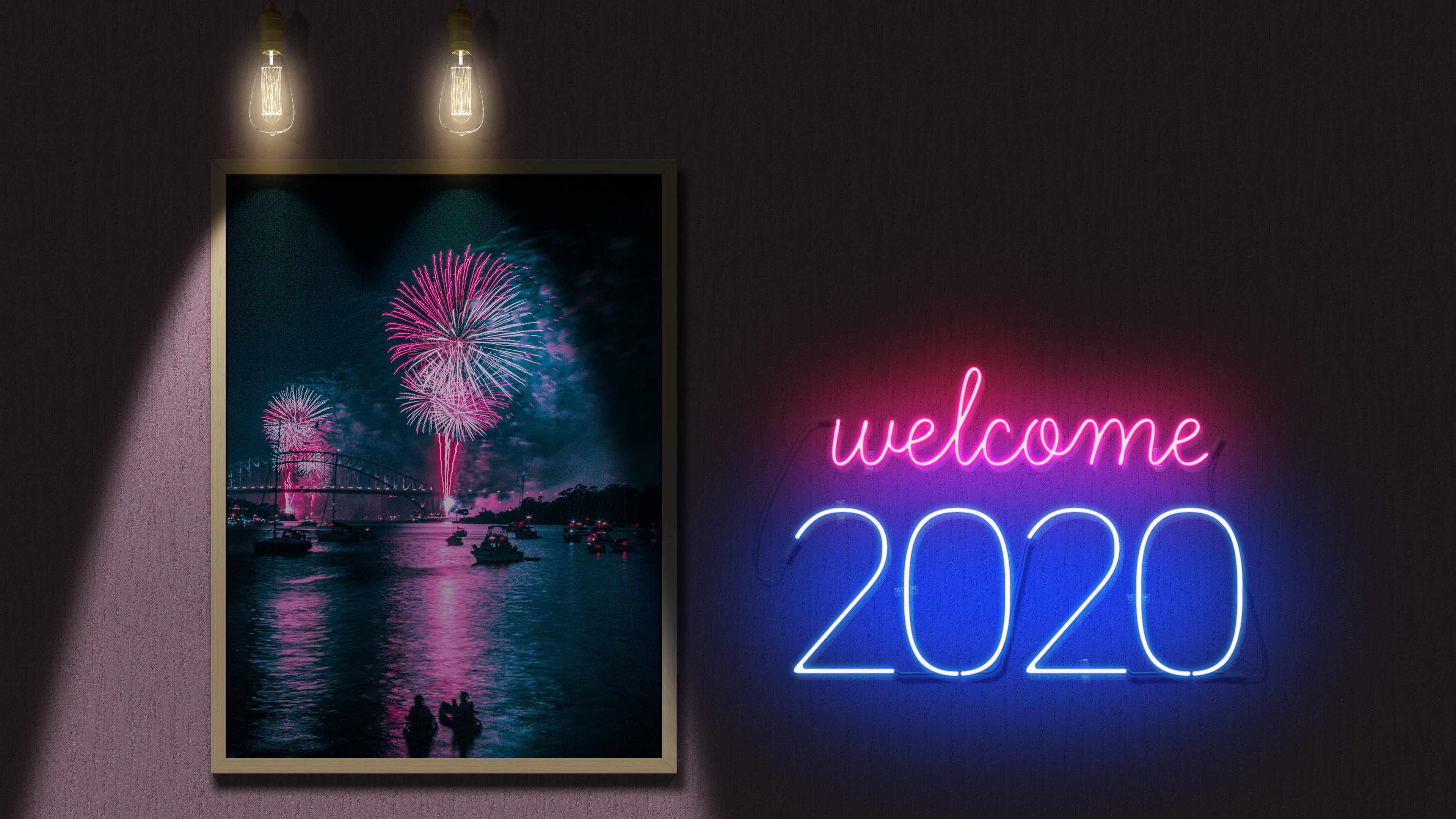 4K New Year Fireworks Welcome 2020 Neon Sign HD Wallpaper