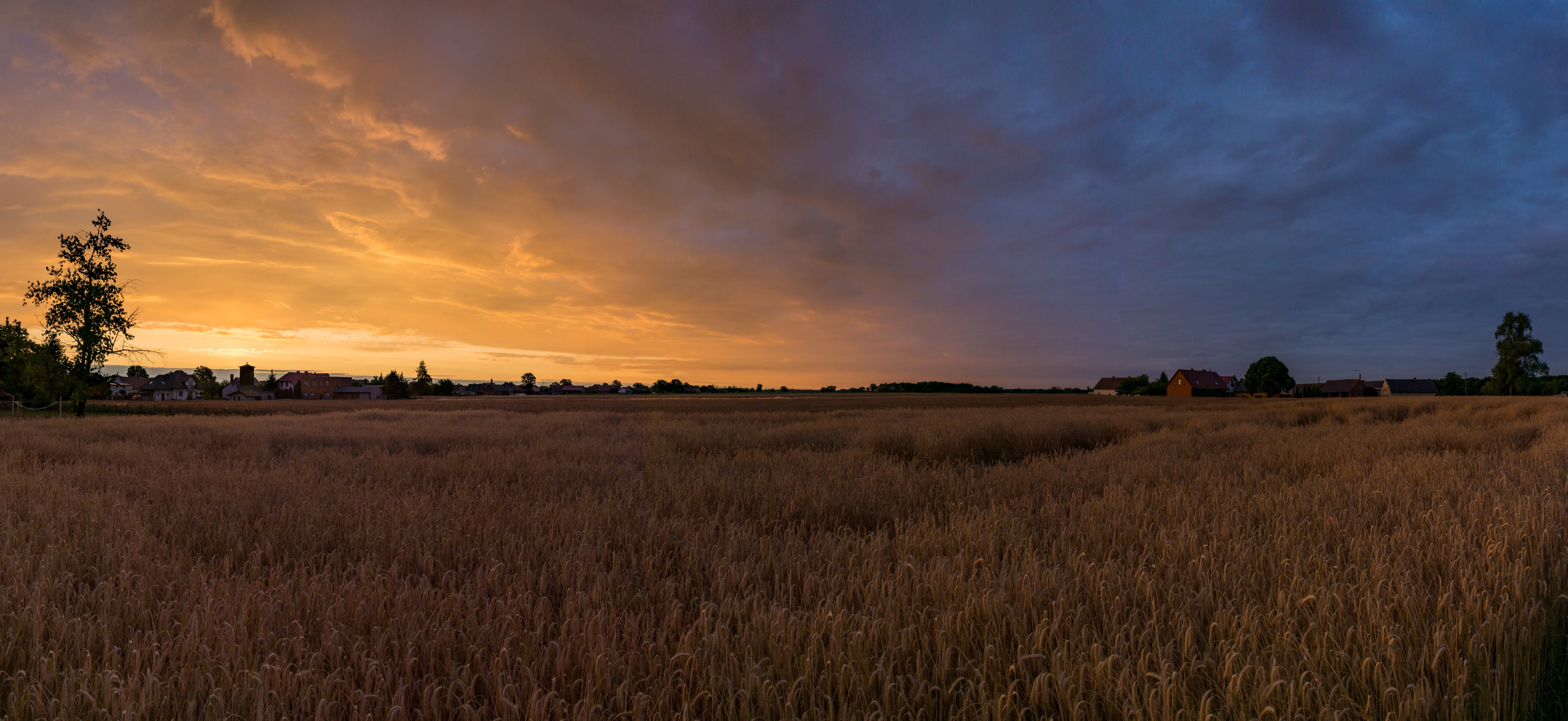 4K village landscape with orange sky at sunset HD Wallpaper