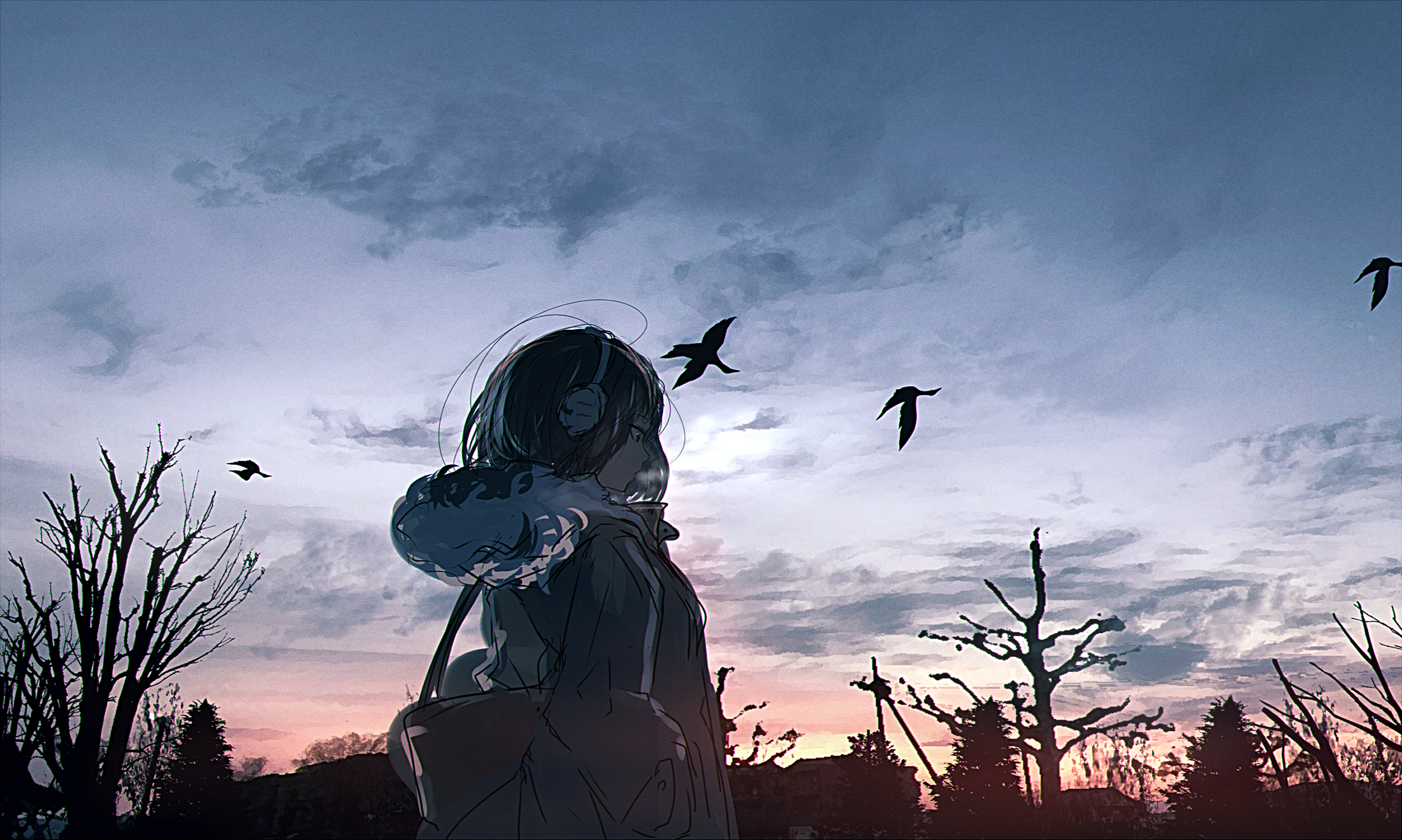 Anime girl with headphones and birds flying at sunset HD Wallpaper