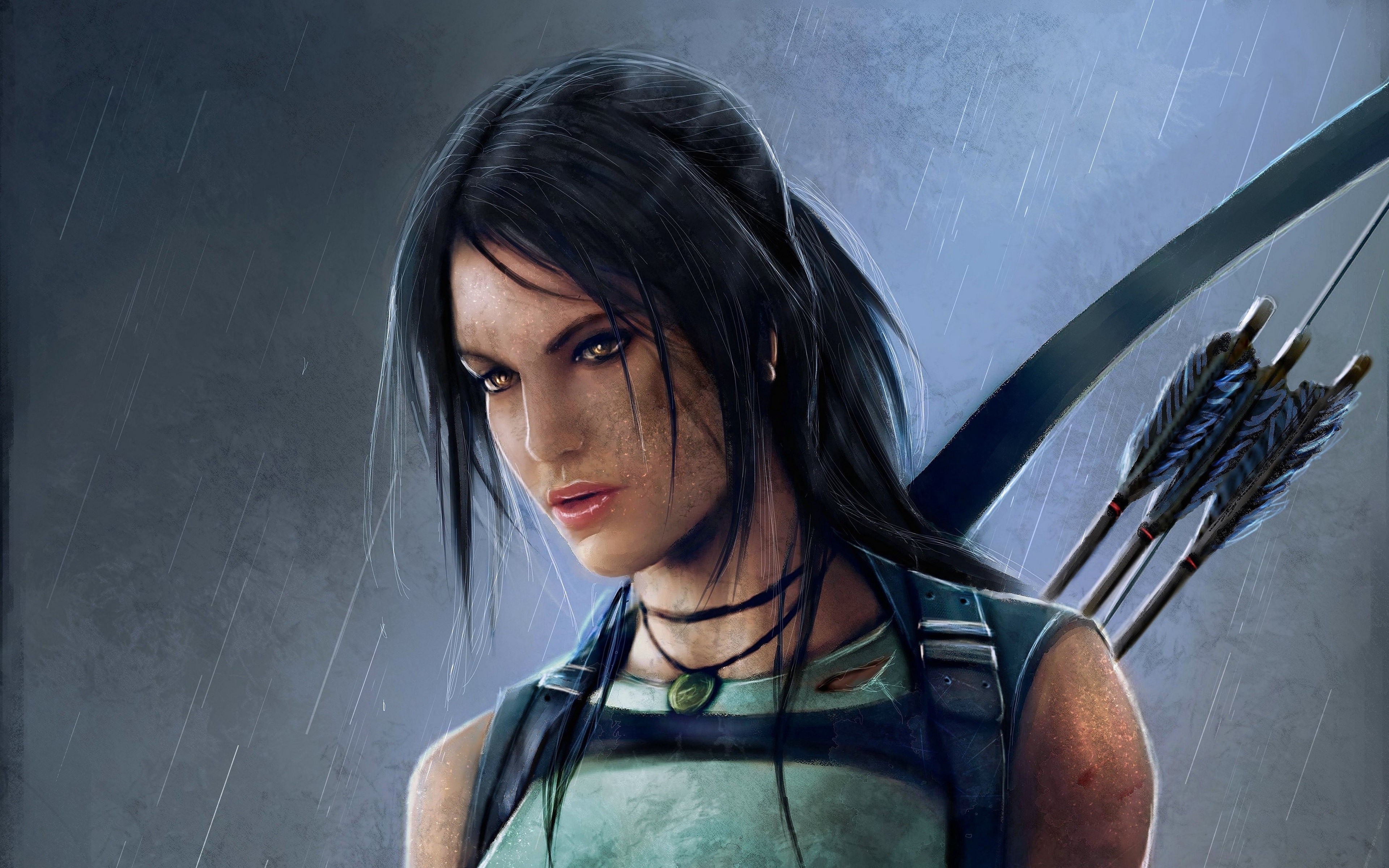 Lara Croft with bow and arrow in the rain HD Wallpaper