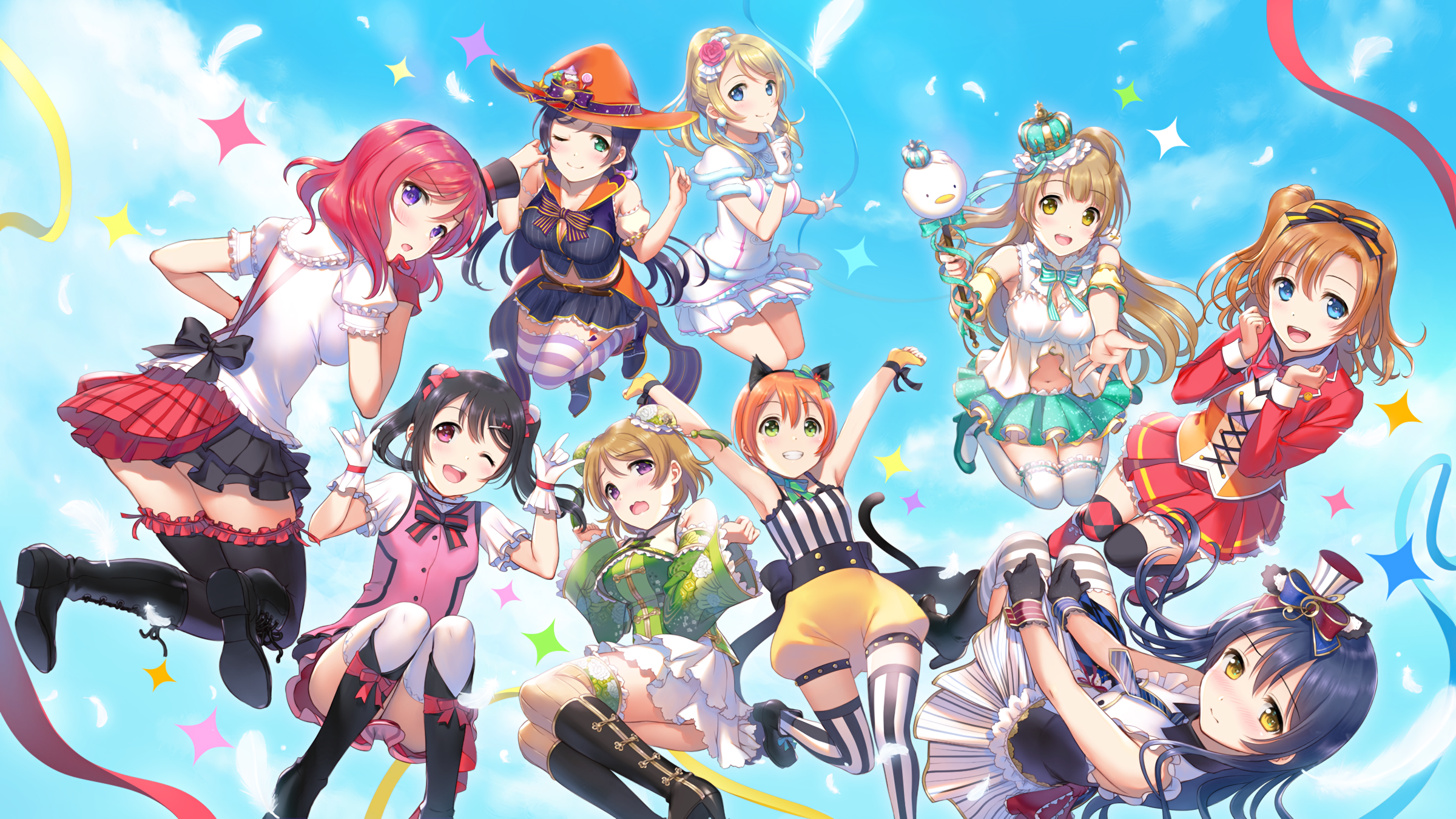 Anime girls from Love Live! in colorful outfits HD Wallpaper