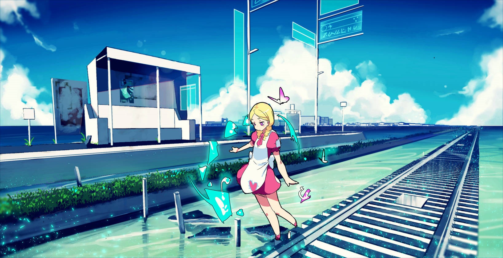 Anime girl with butterflies near a train station HD Wallpaper