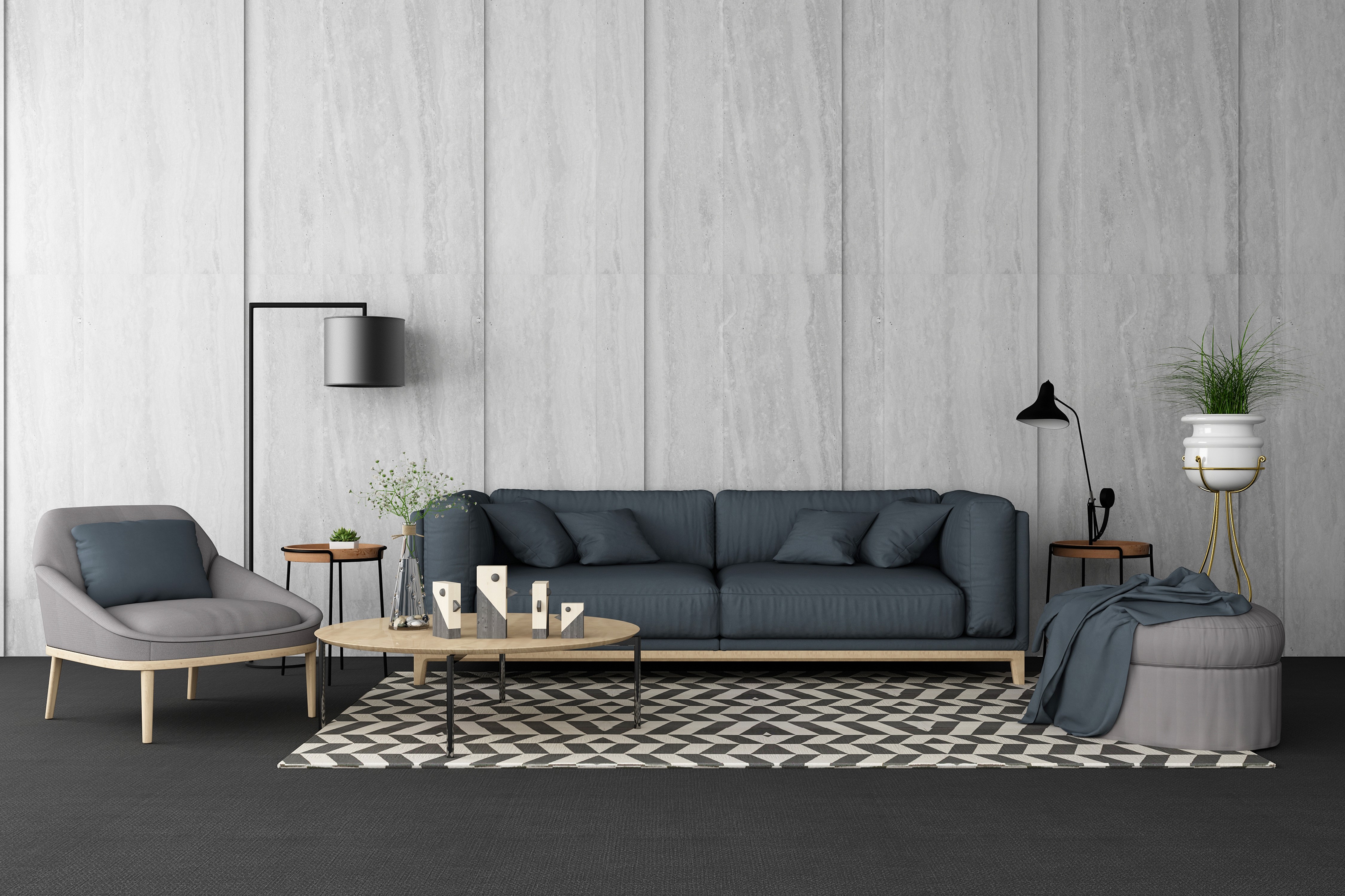 Modern living room with gray sofa and armchair HD Wallpaper