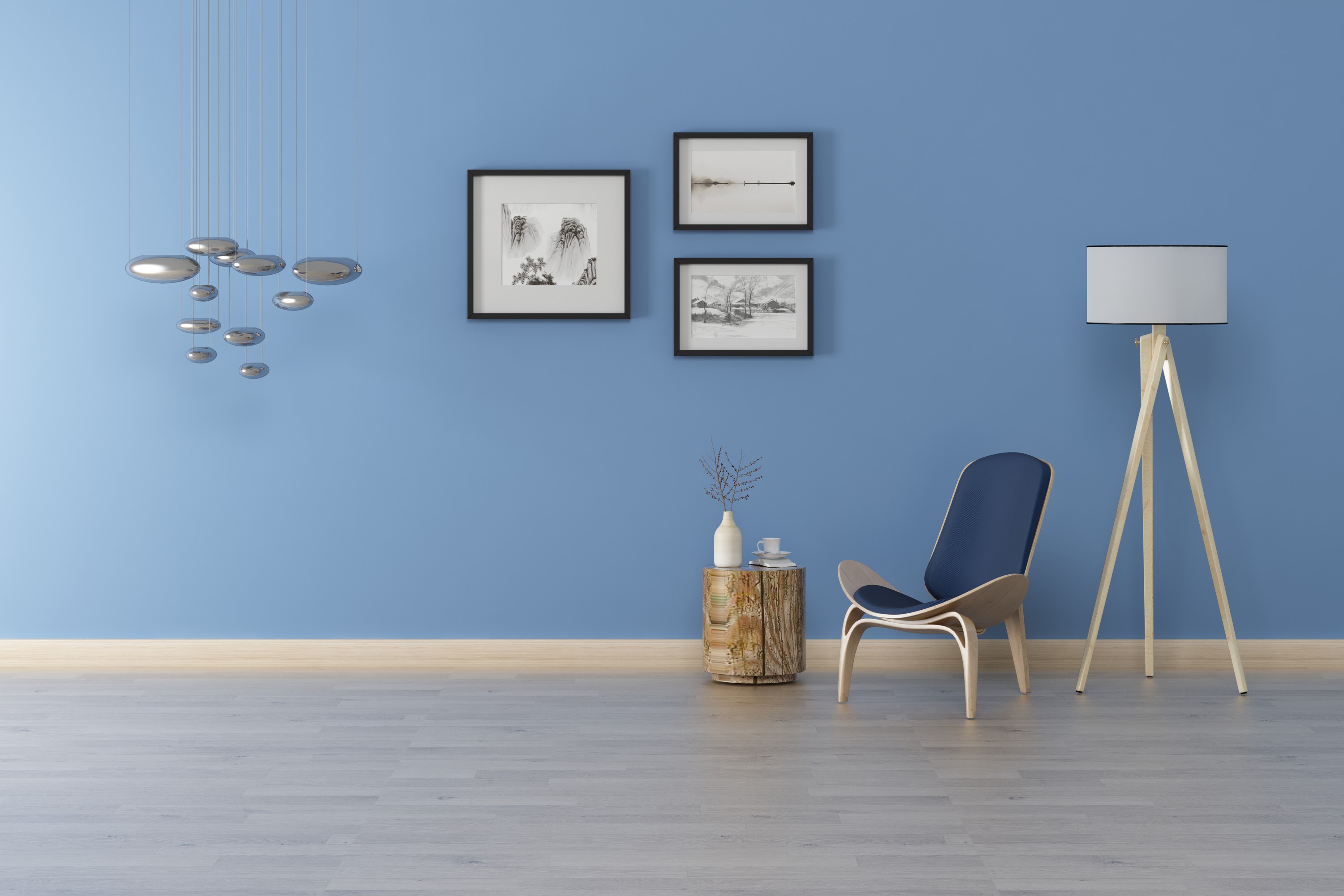 Modern living room with blue walls and wooden floor HD Wallpaper