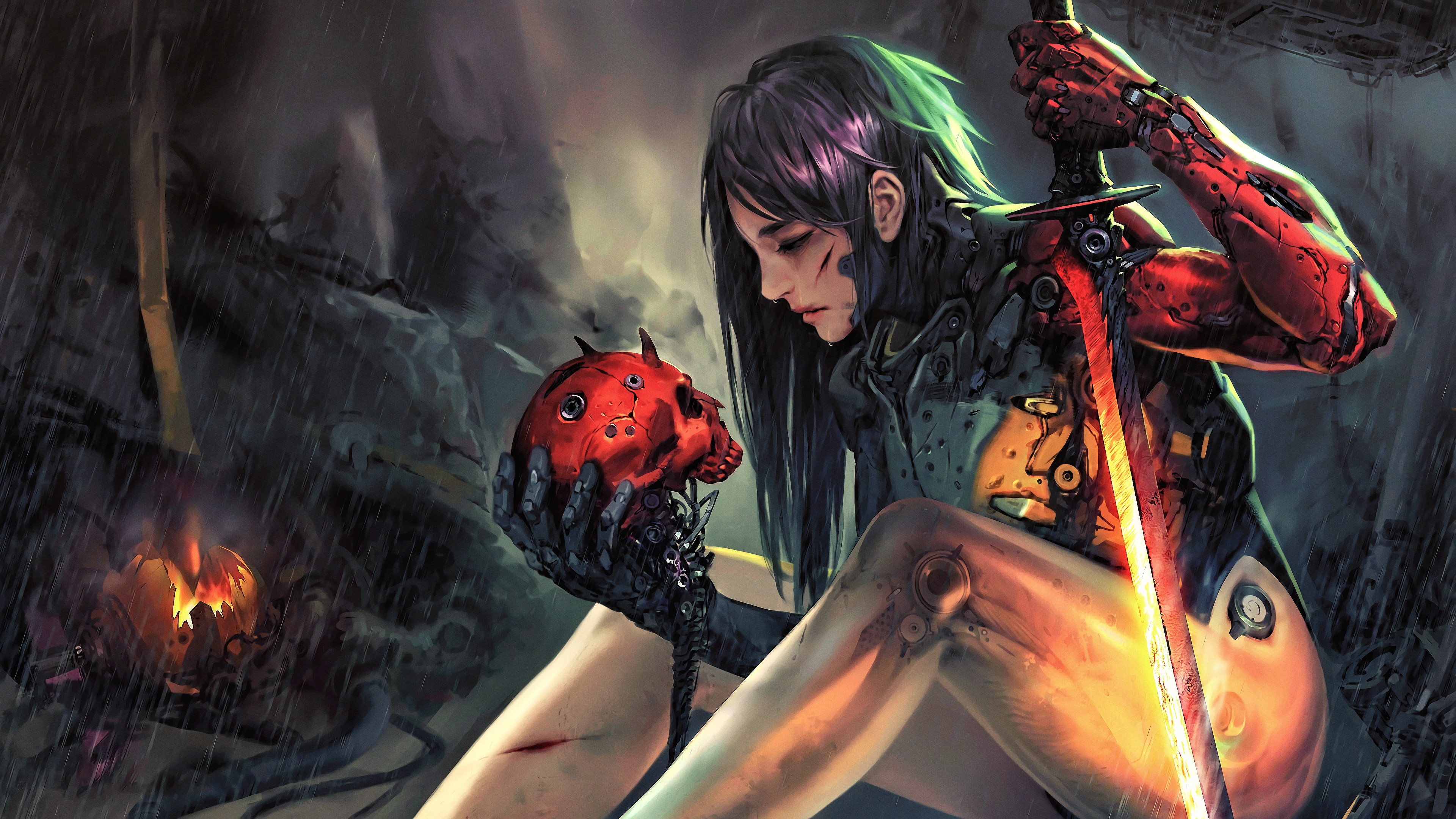 Cyberpunk woman holding a red skull with a glowing sword HD Wallpaper