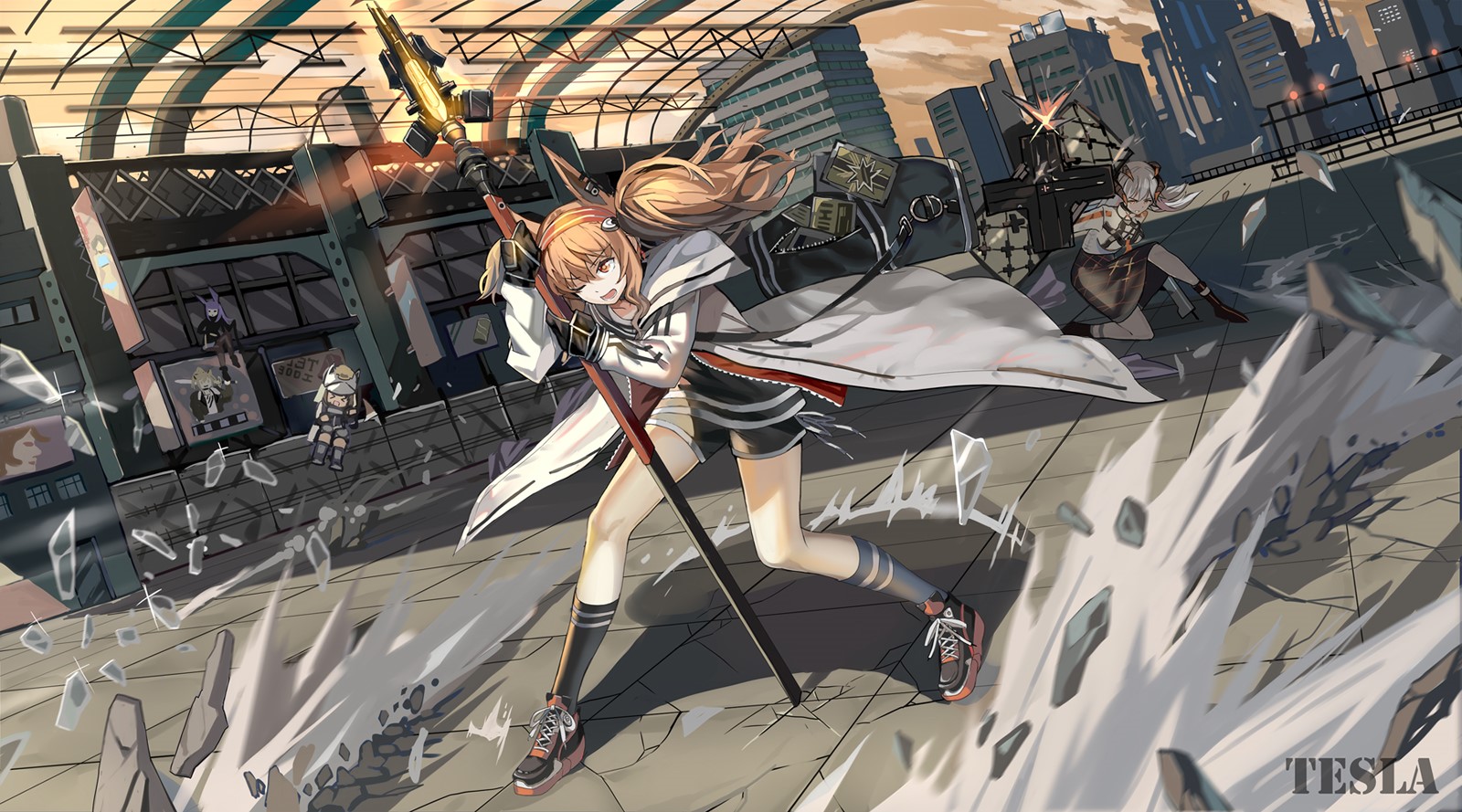 Anime girls with fox ears in a city battle HD Wallpaper