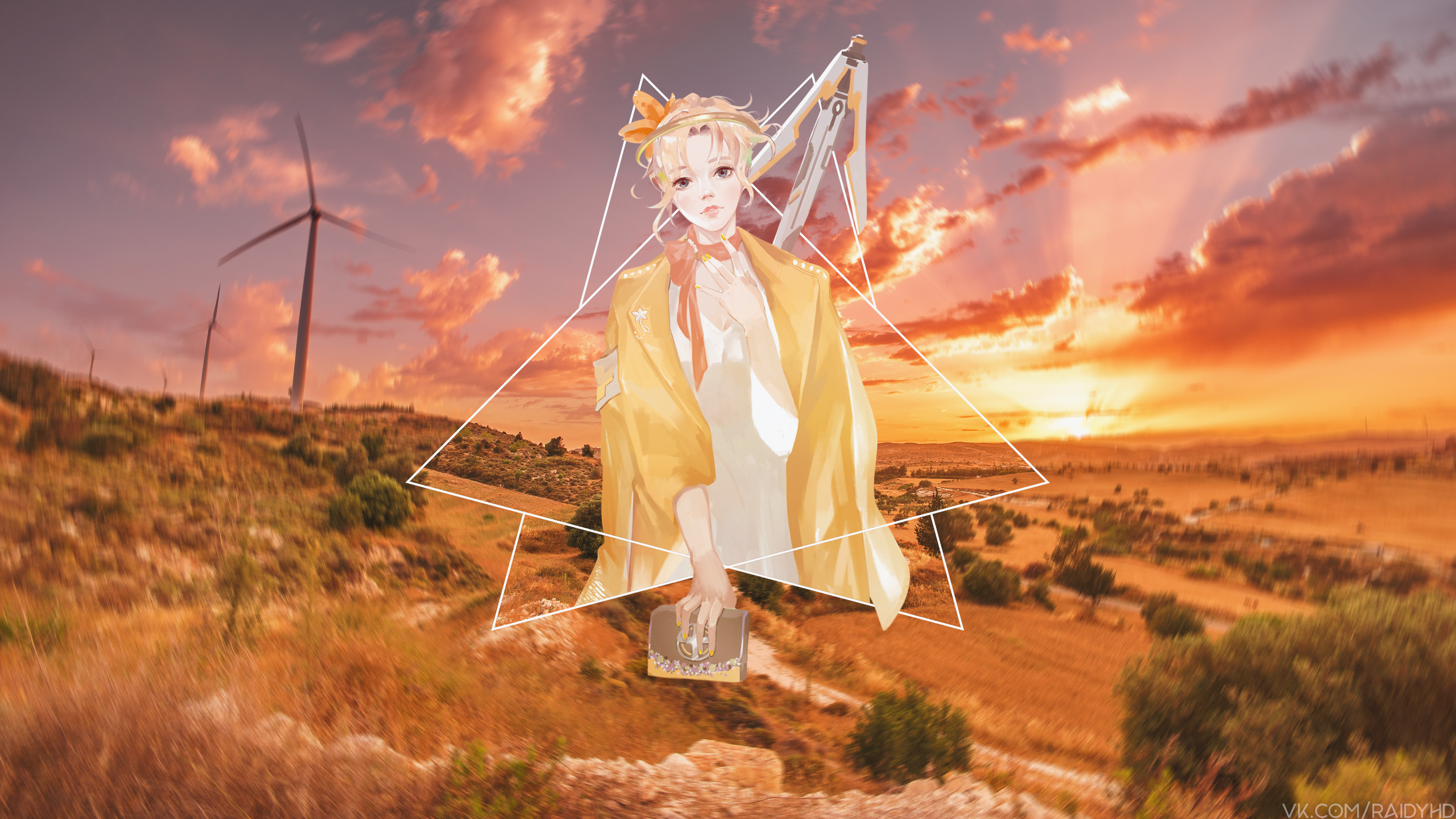 Anime girl in yellow jacket with wind turbines at sunset HD Wallpaper
