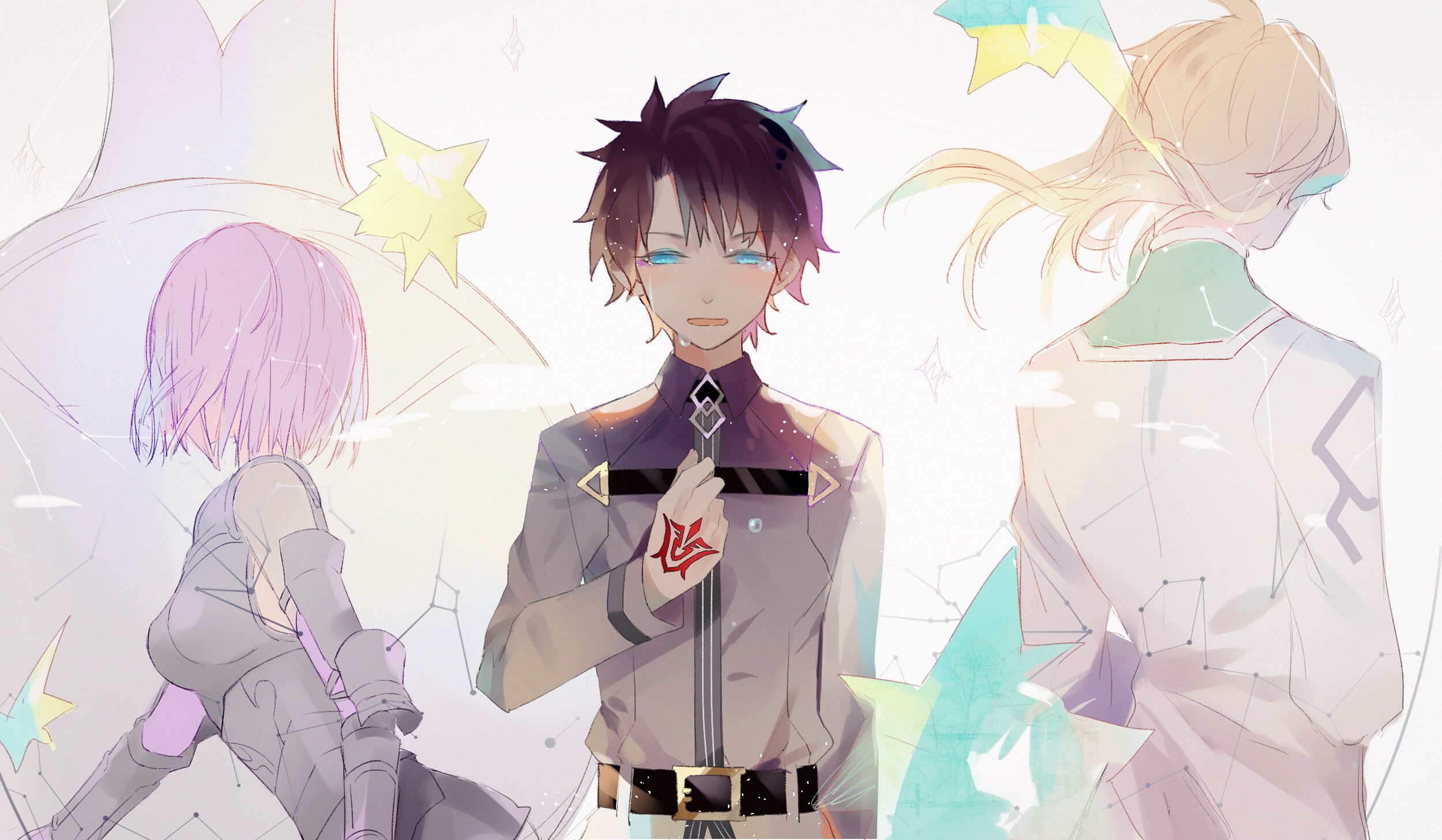 Anime characters with blue eyes and pink hair HD Wallpaper