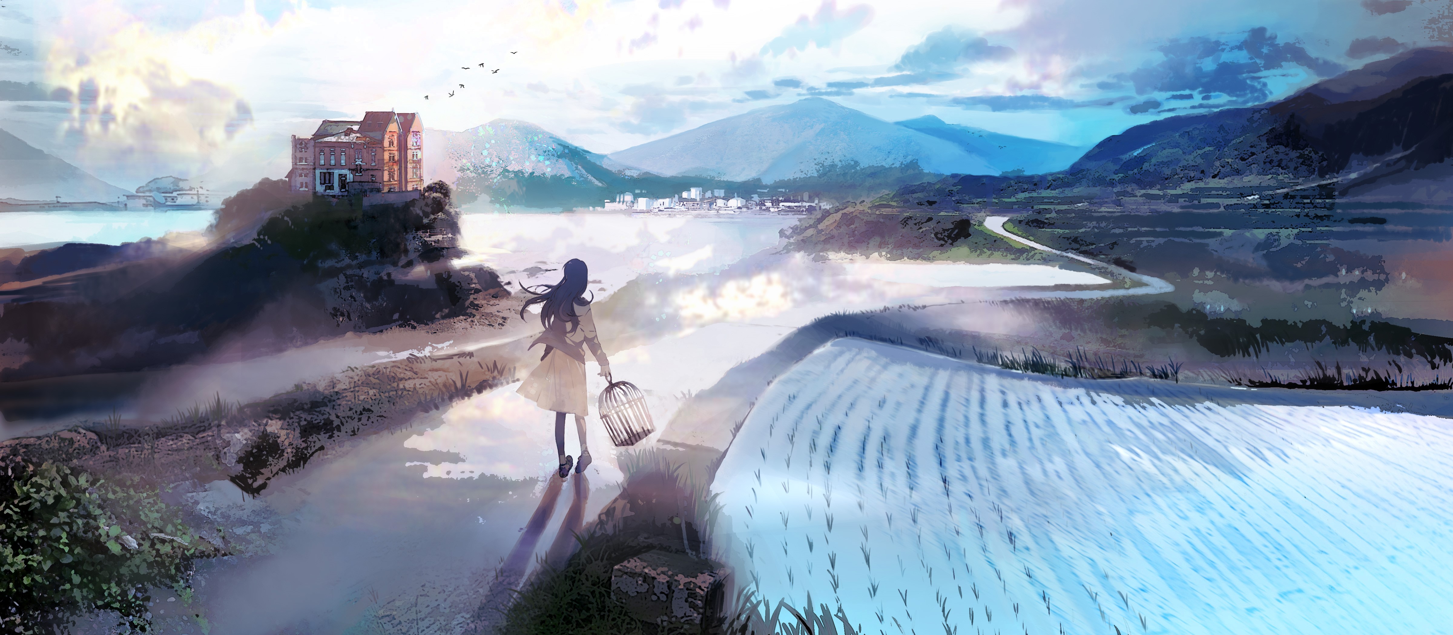 Anime girl with birdcage near a building HD Wallpaper