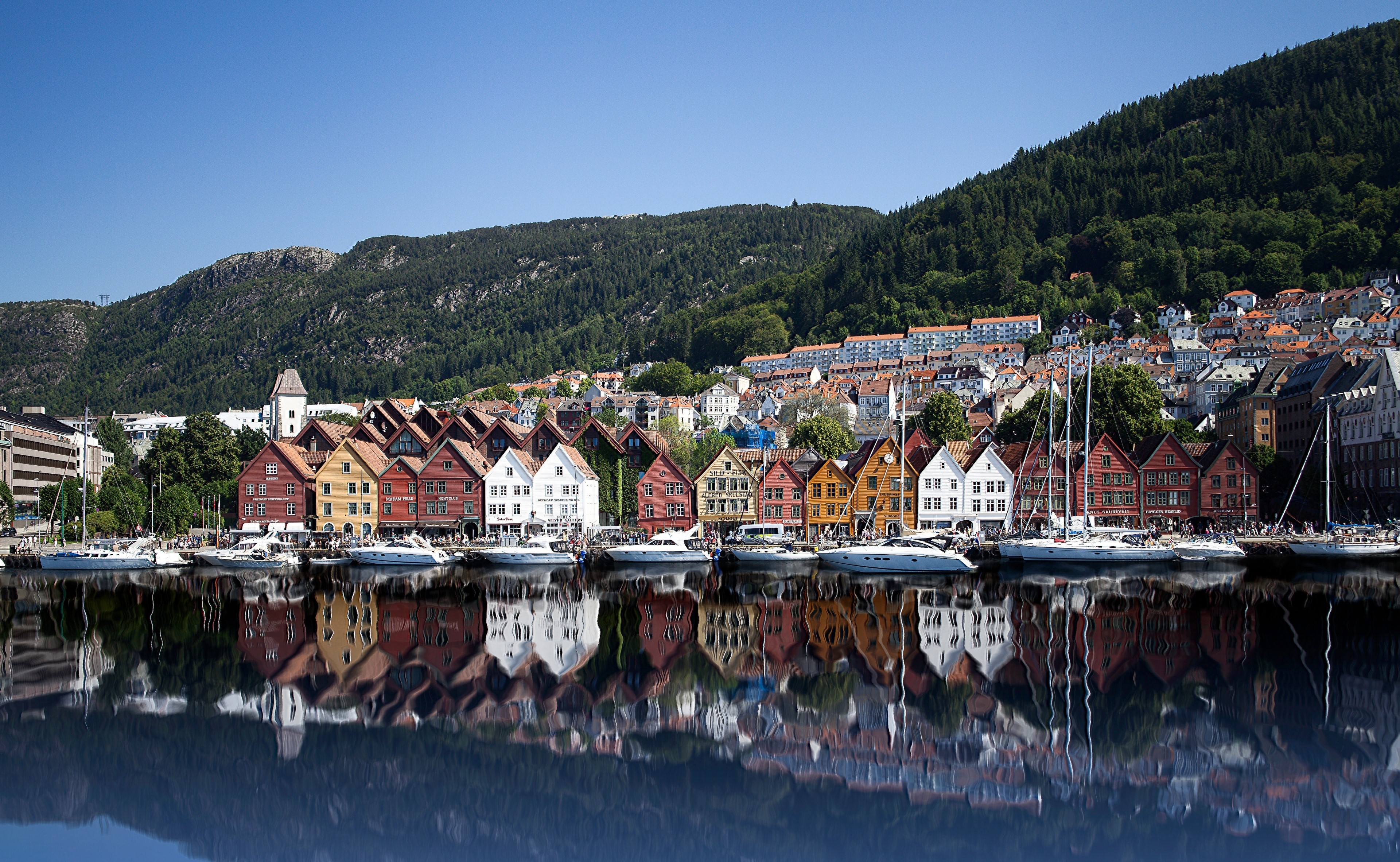 Bryggen waterfront in Bergen, Norway with reflections HD Wallpaper