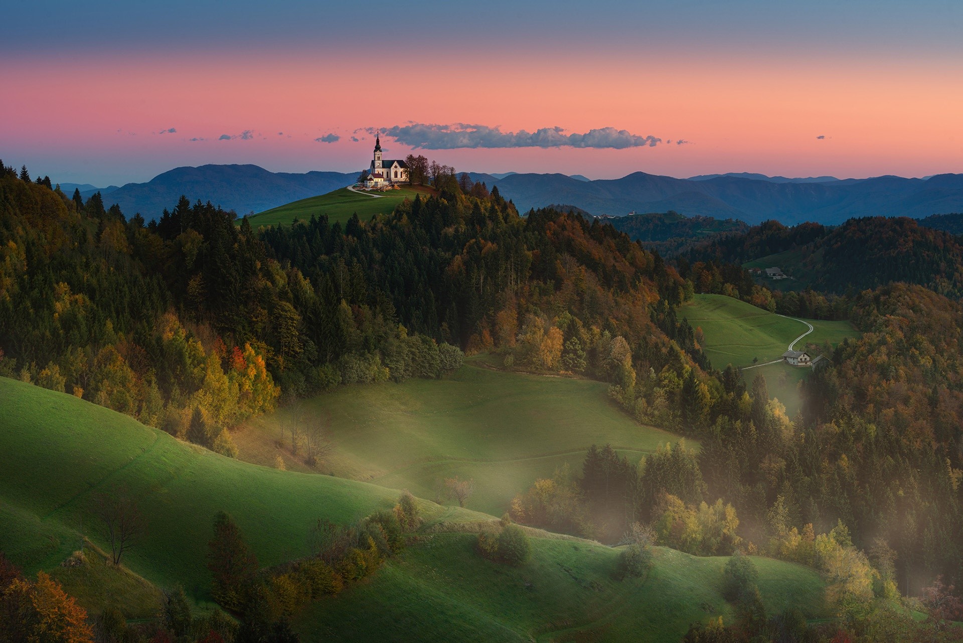 Church on a hill in Slovenia at sunset HD Wallpaper