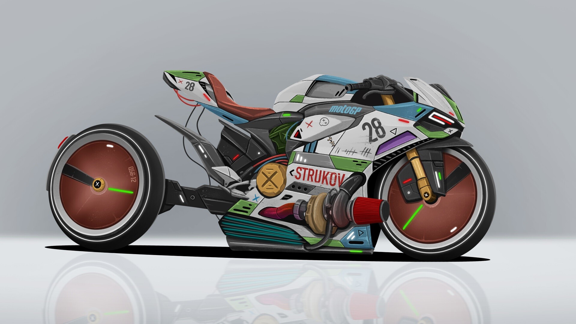 Futuristic motorcycle artwork with 'Strukov' and 'Motogp' branding HD Wallpaper