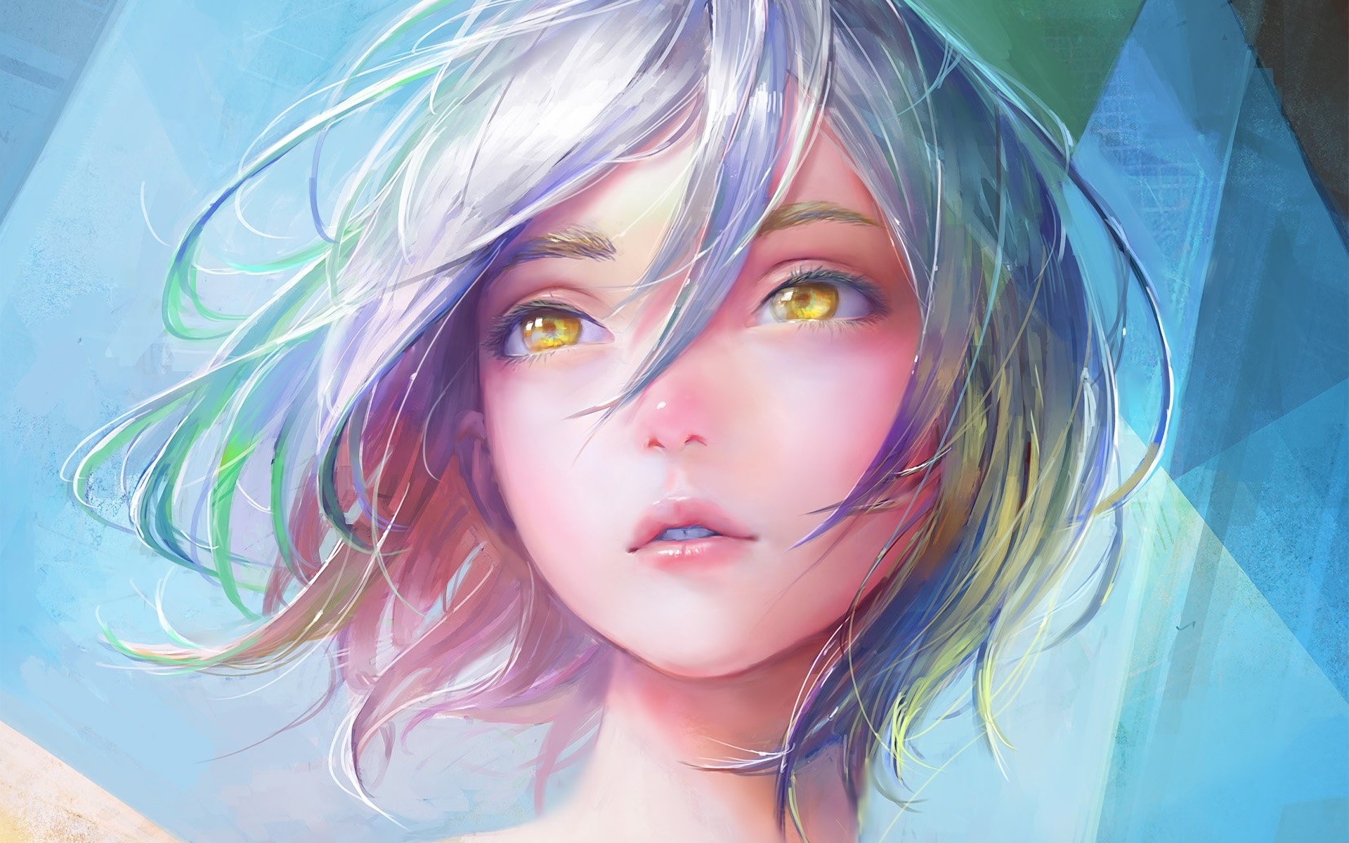 Artwork of a woman with short, colorful hair and hazel eyes HD Wallpaper
