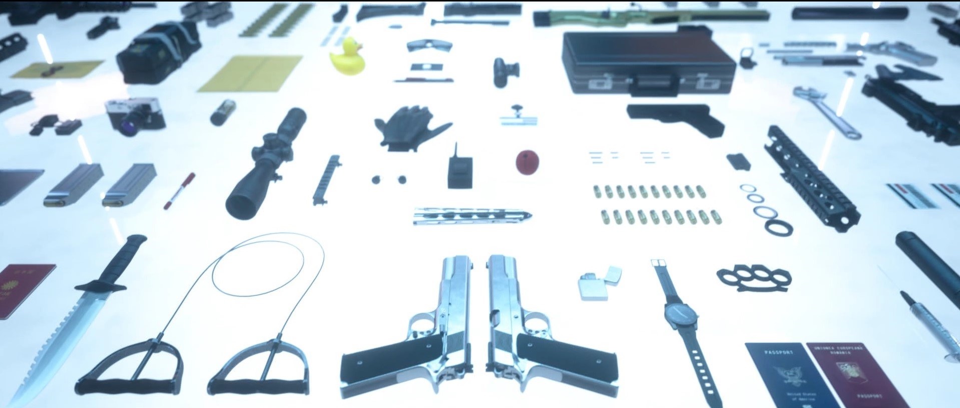 Assortment of weapons and spy gear HD Wallpaper