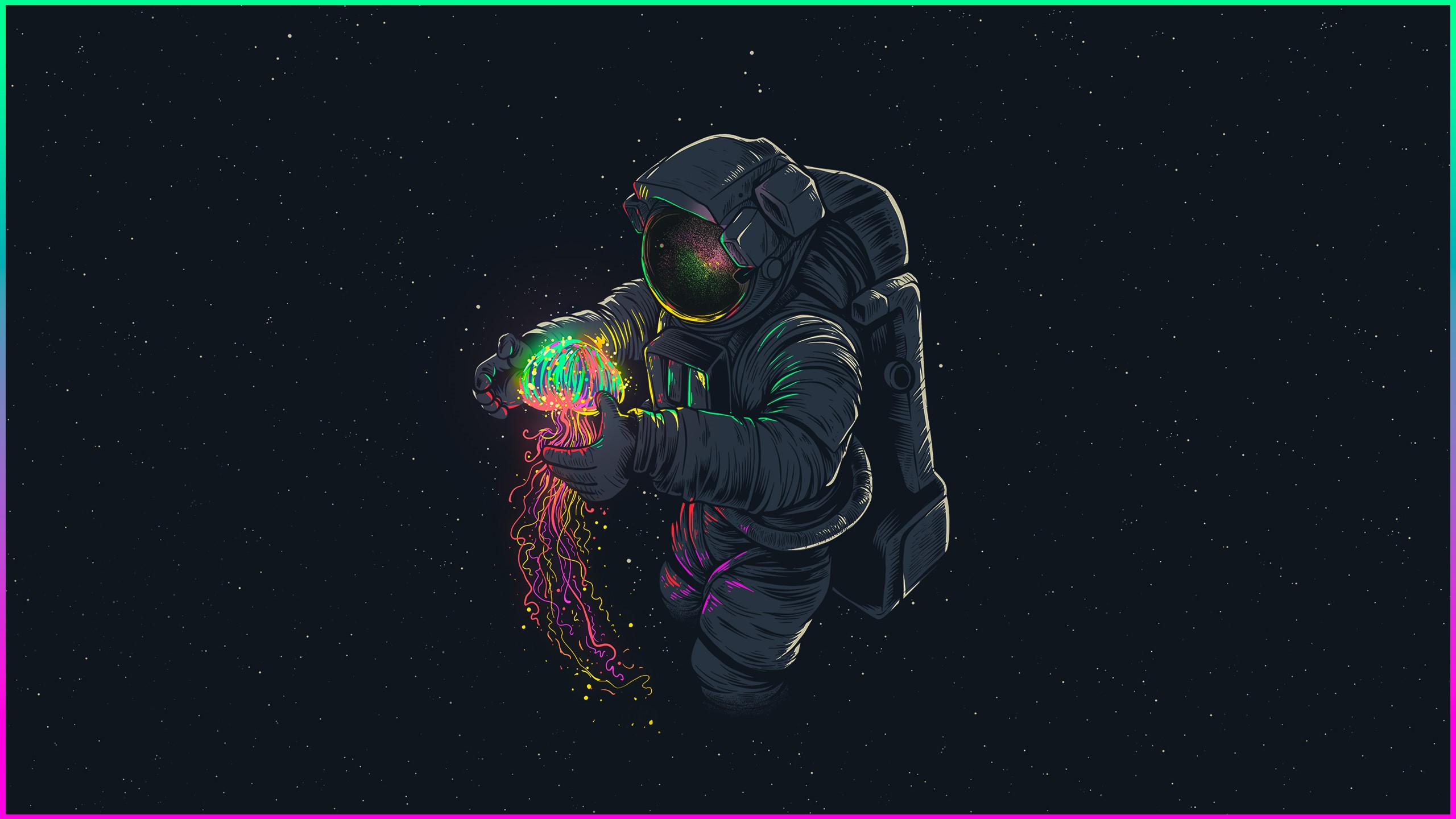 Astronaut holding a glowing jellyfish in space HD Wallpaper