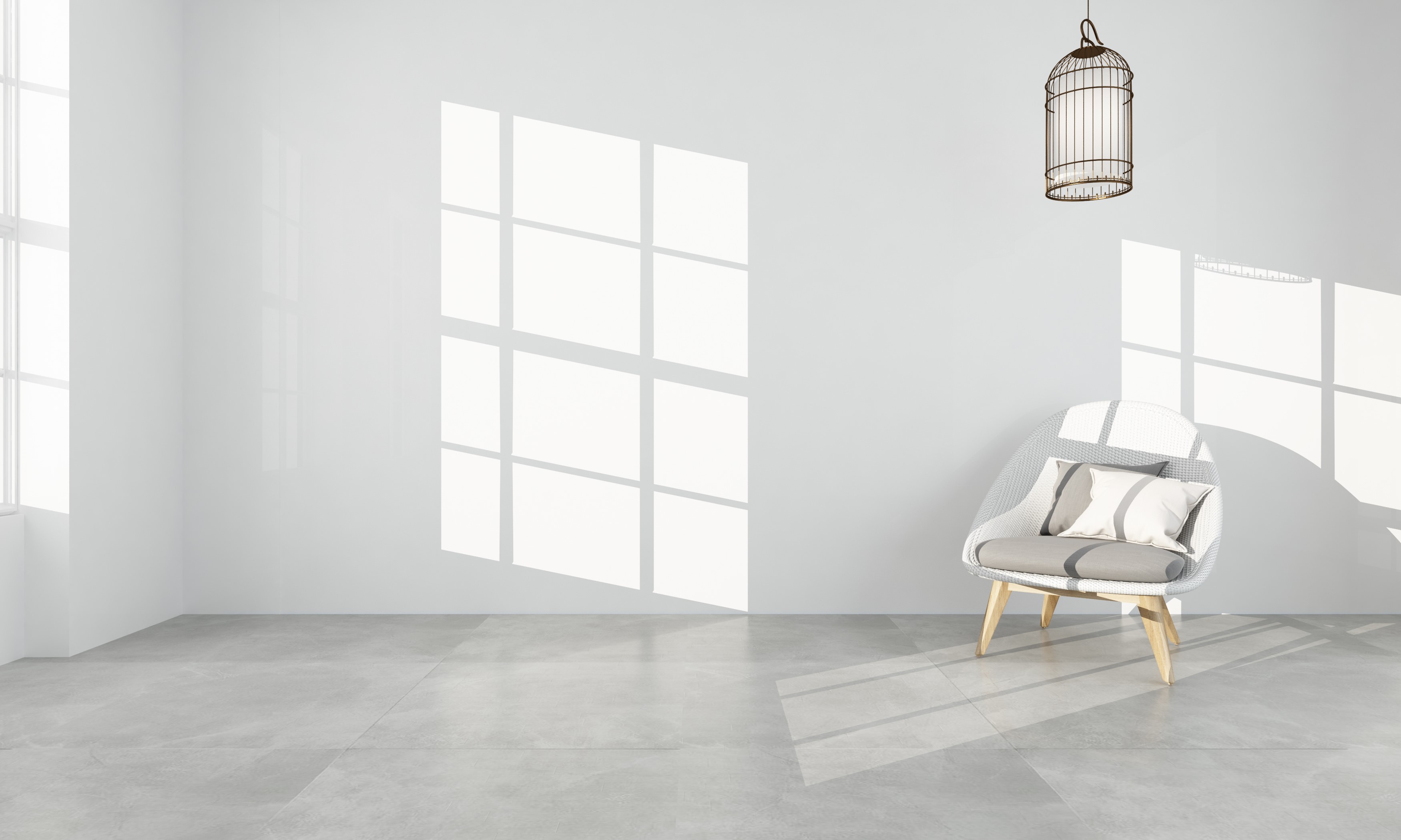 Minimalist room with chair and birdcage lamp HD Wallpaper