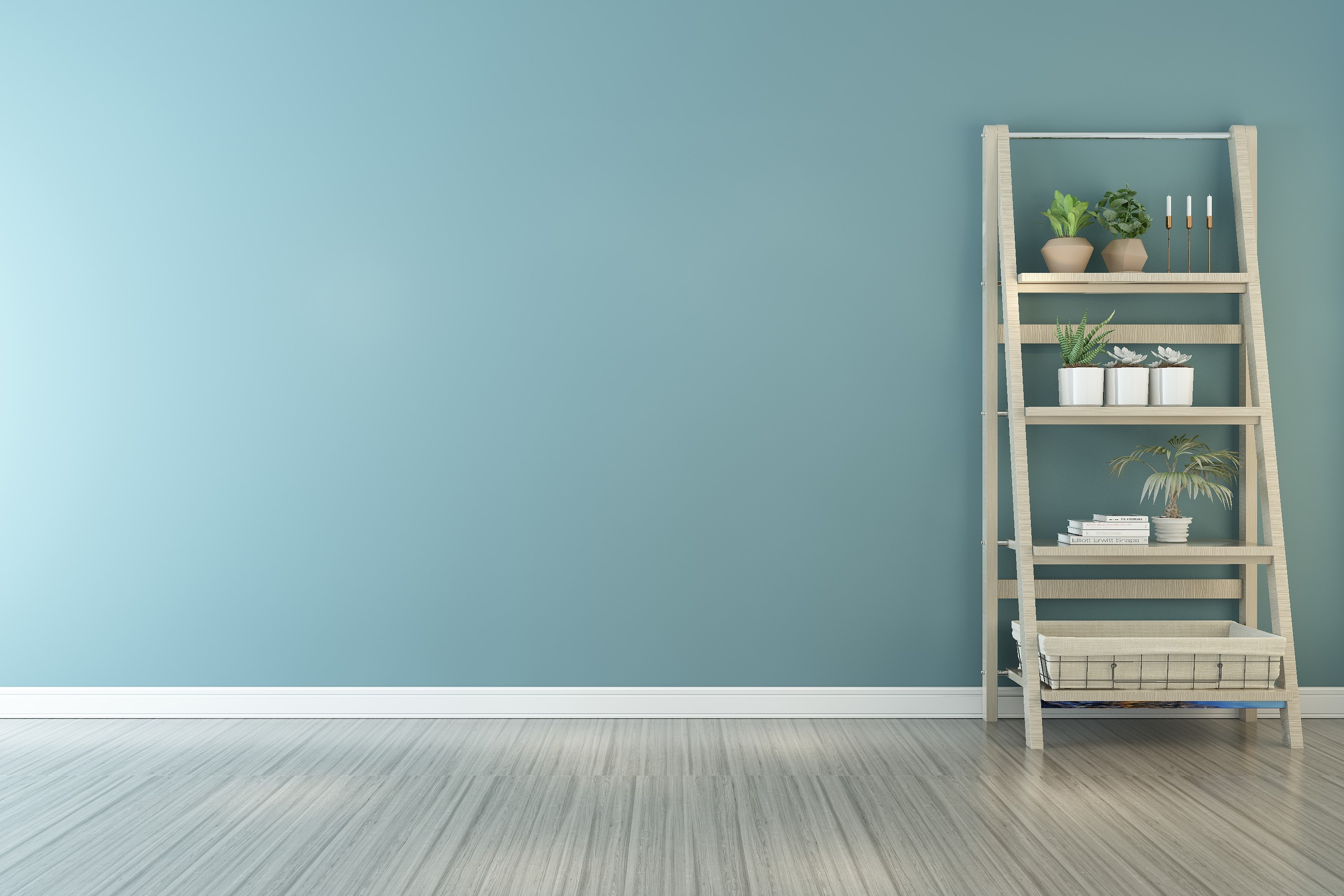 Ladder shelf with plants and decor against a blue wall HD Wallpaper