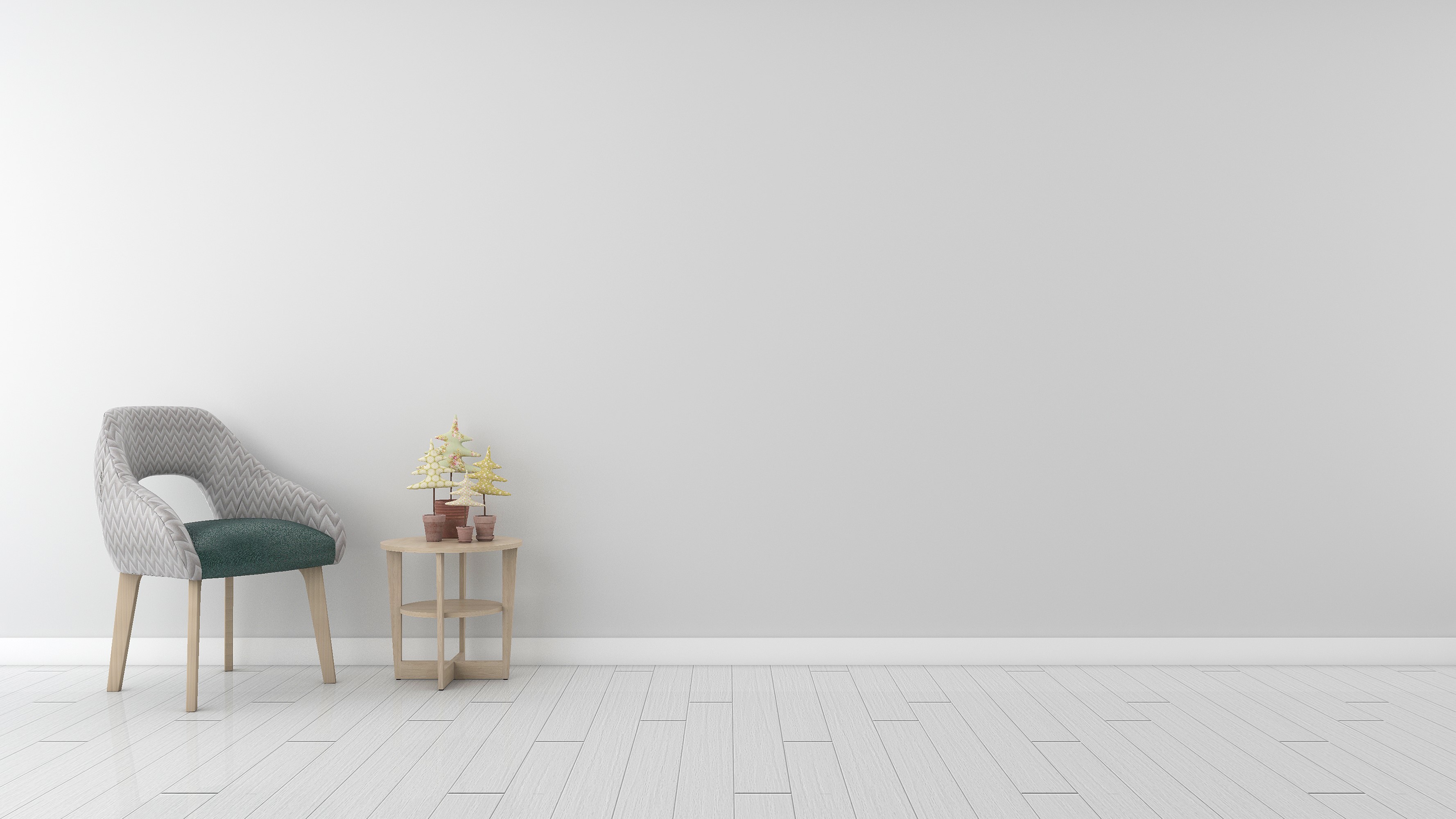 Armchair and side table with plants on wooden floor HD Wallpaper
