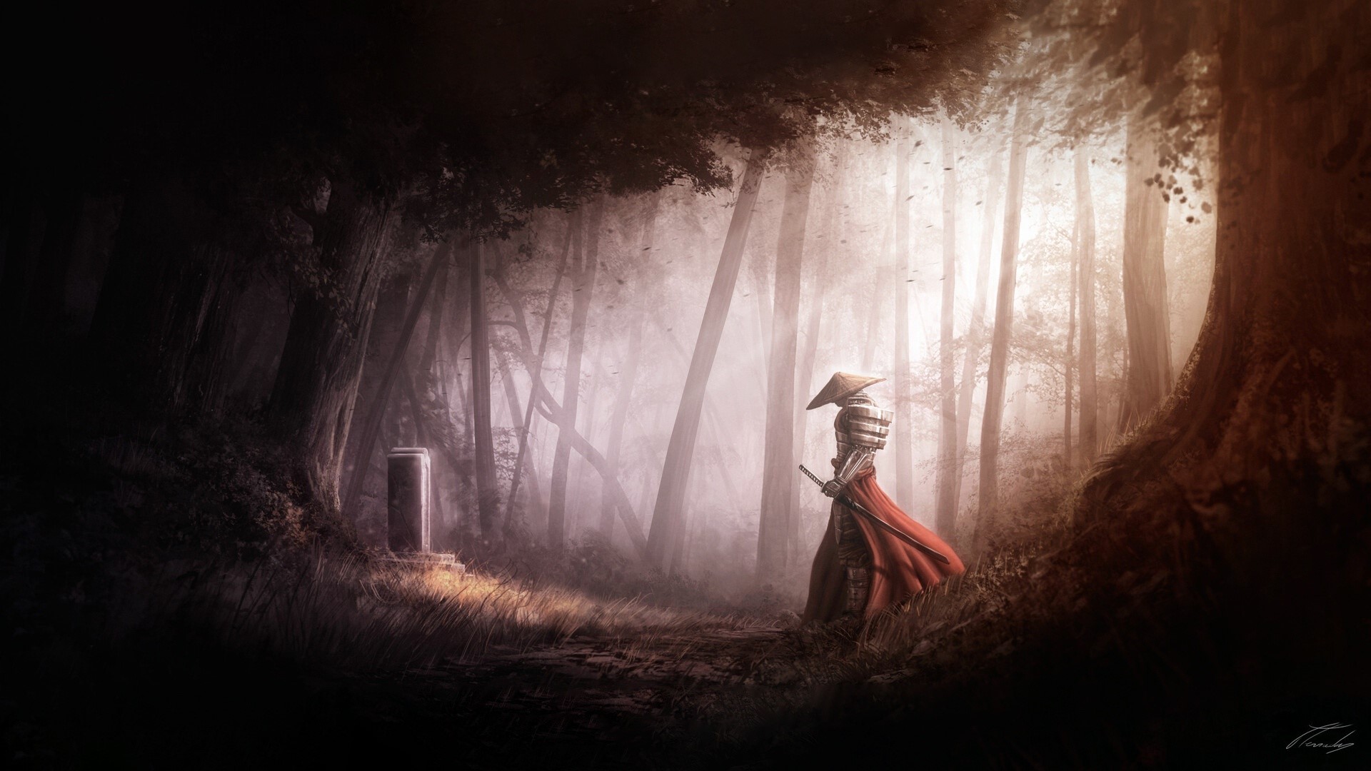 Samurai warrior in a misty forest with a stone monument HD Wallpaper