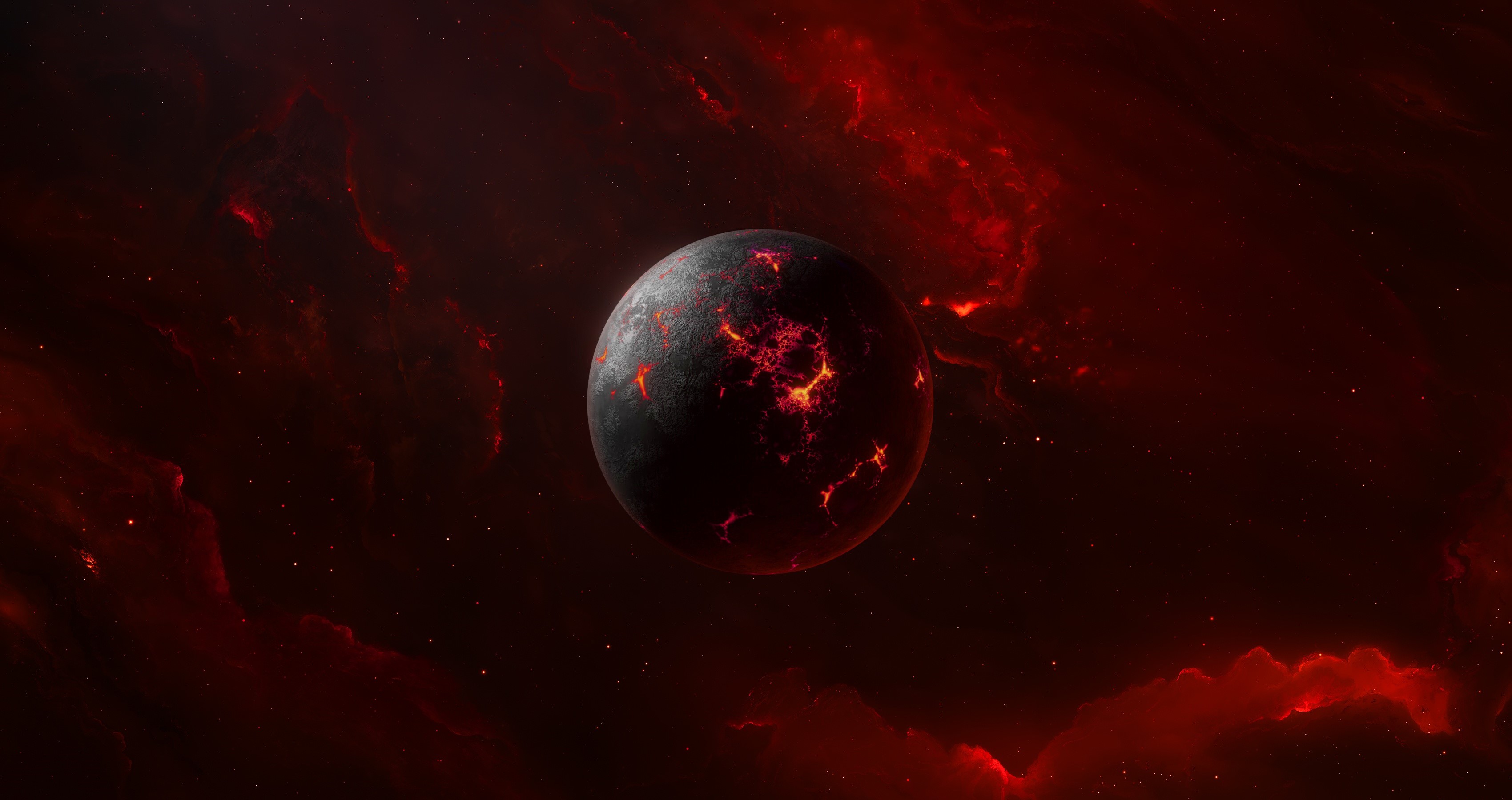 Volcanic planet in a red nebula HD Wallpaper