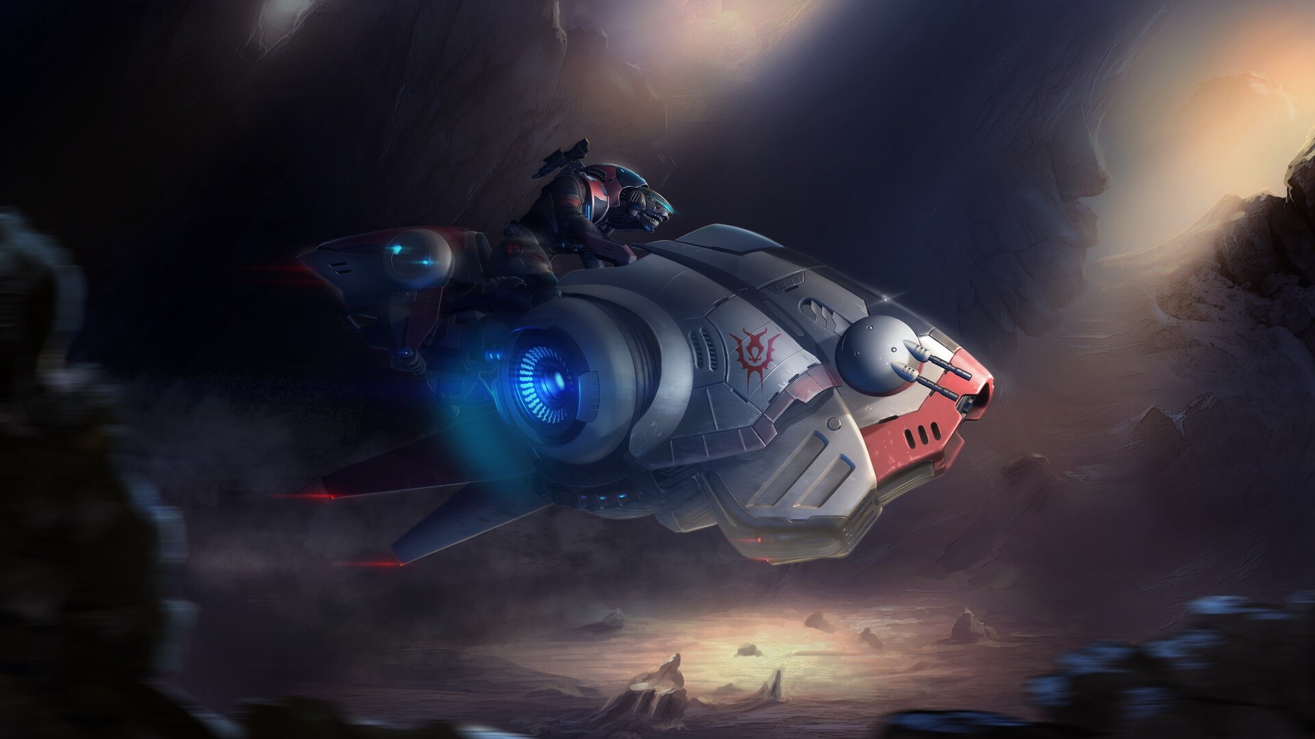 Alien riding a futuristic vehicle in a cave HD Wallpaper