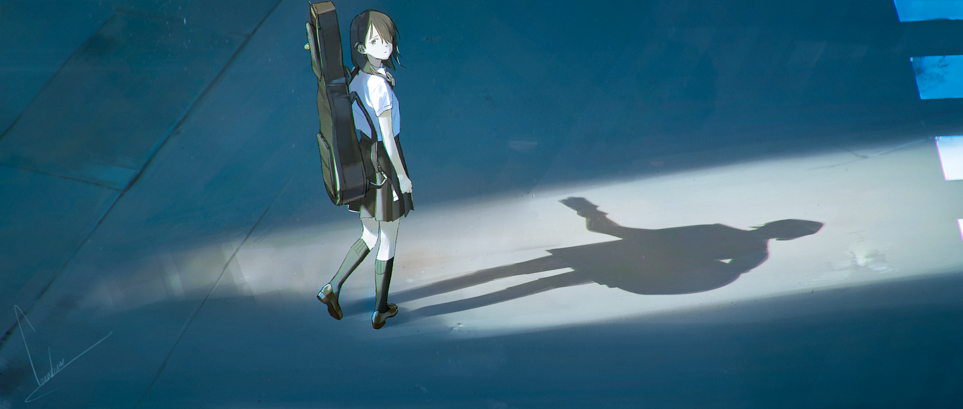 Anime girl with guitar case walking in sunlight HD Wallpaper