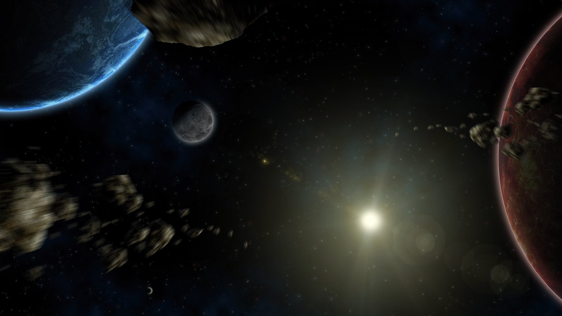 Digital space scene with planets and asteroids HD Wallpaper