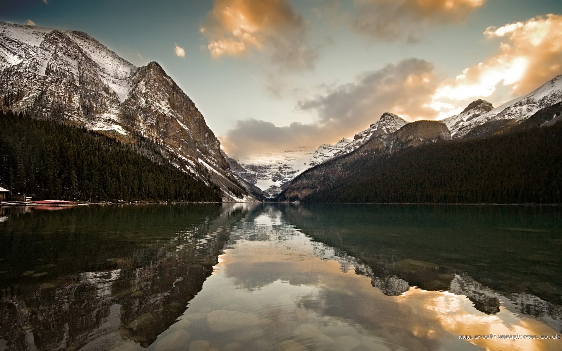 Lake Louise Mountains and Forest Reflection HD Wallpaper
