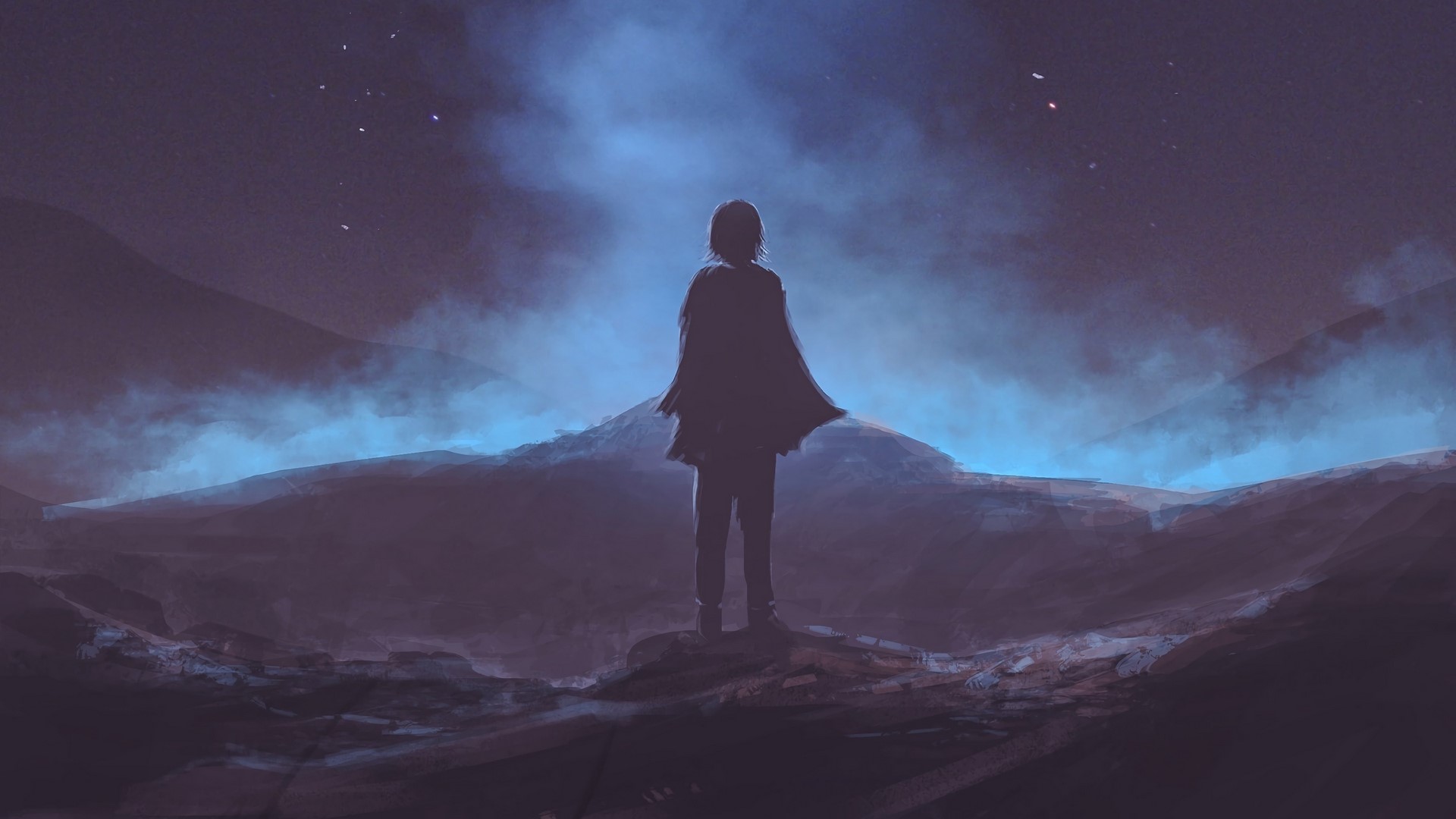 Silhouette of a person standing on a rocky outcrop at night HD Wallpaper