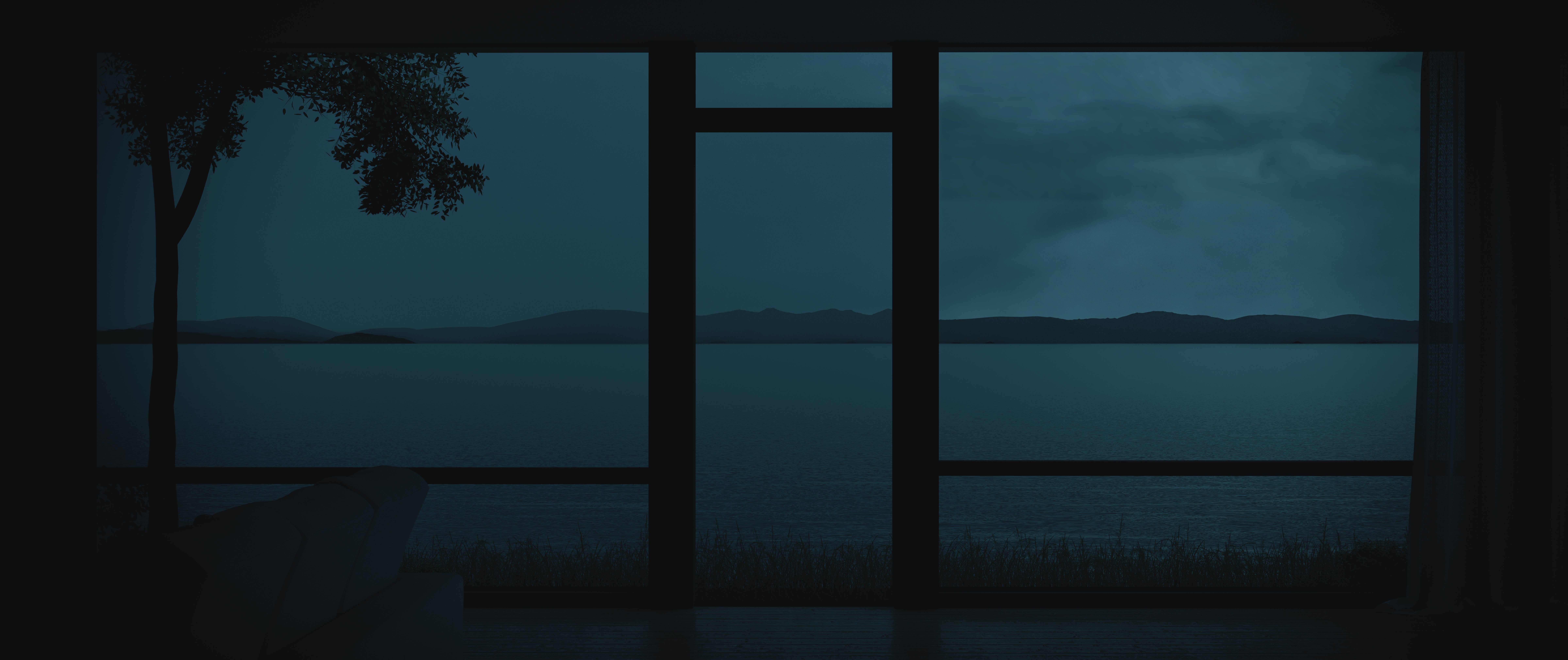 Dark lake view from a window at night HD Wallpaper
