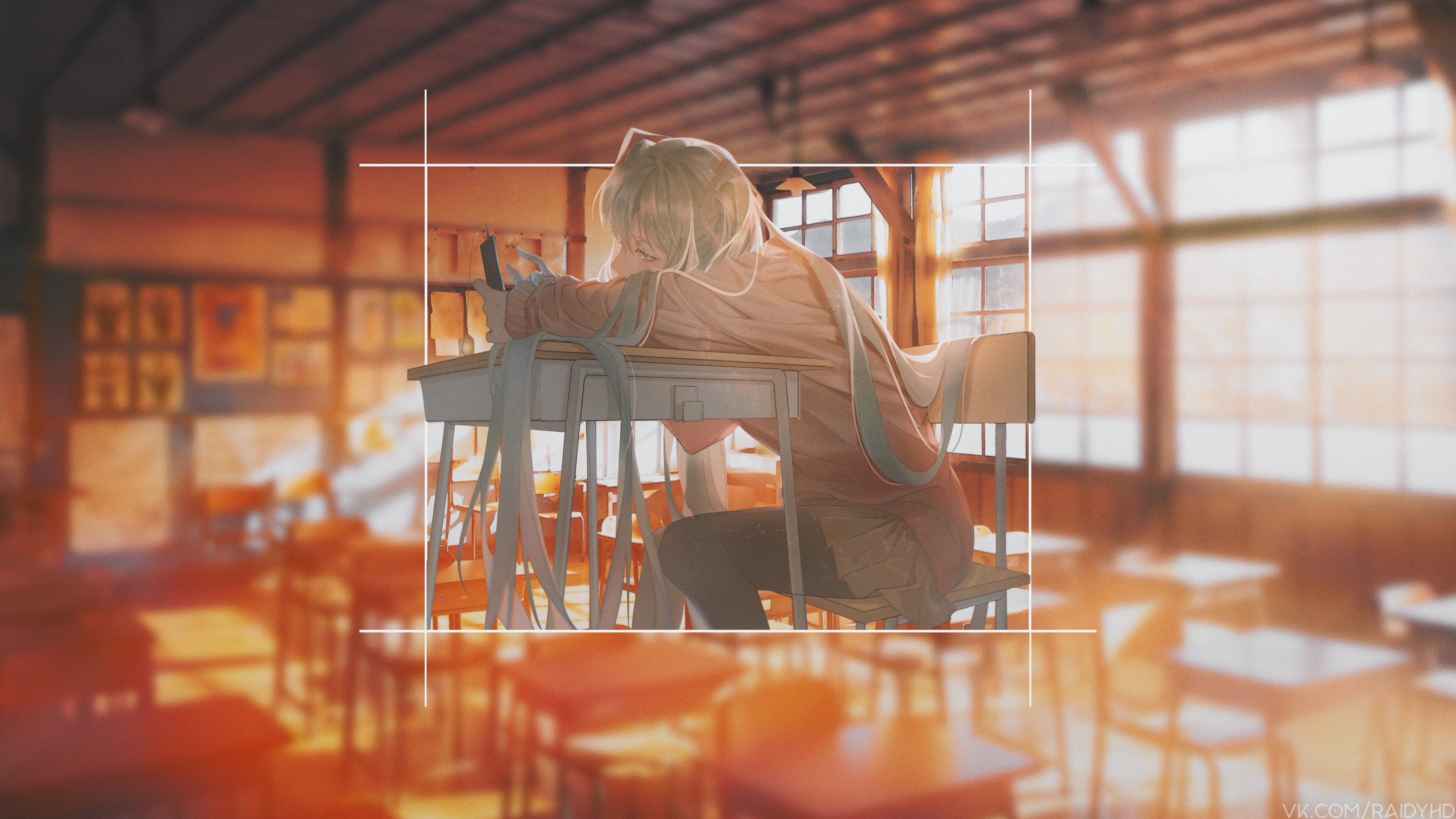 Anime girl sleeping at a desk in a classroom HD Wallpaper