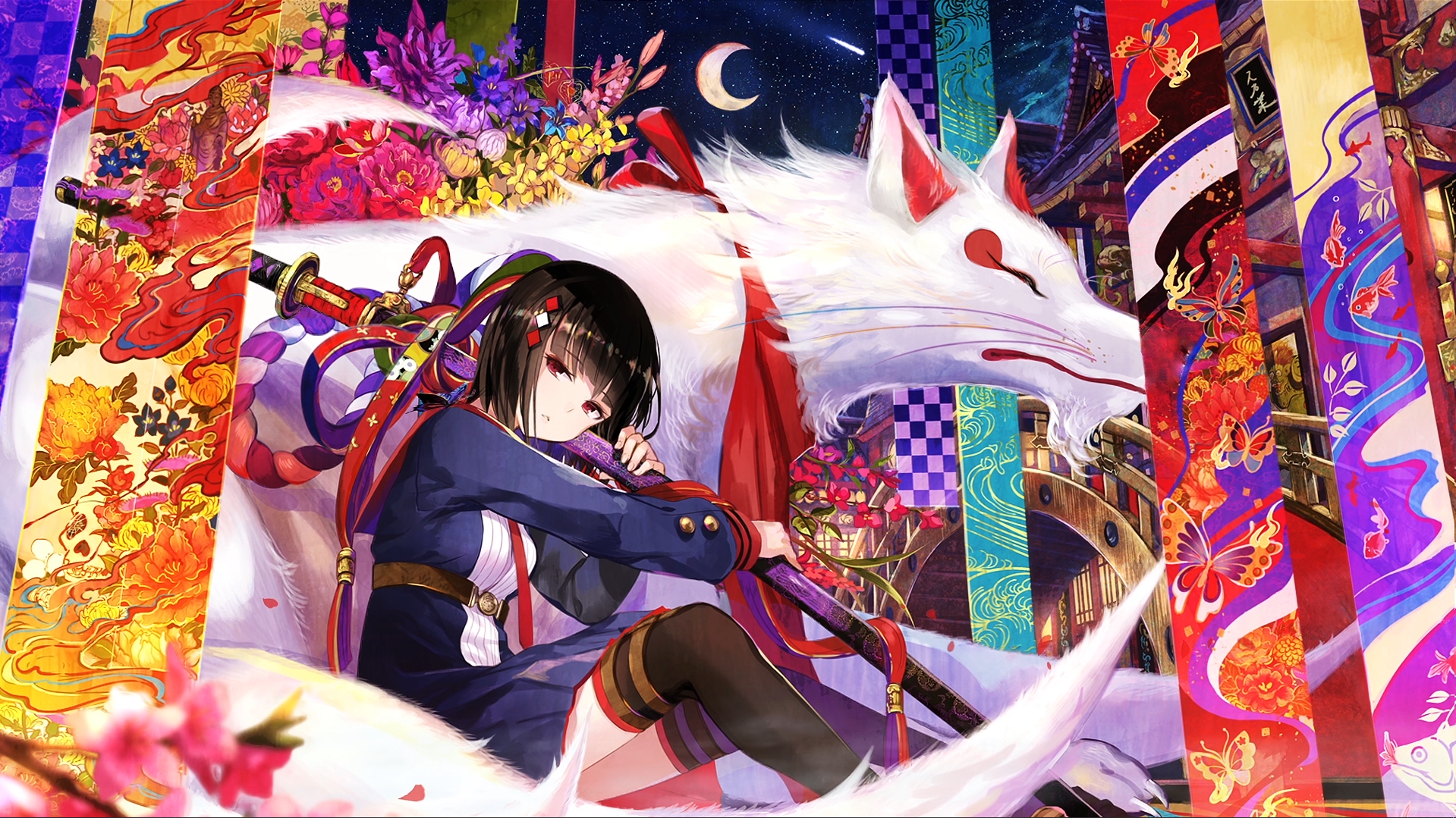 Anime girl with Kitsune spirit and Japanese banners HD Wallpaper