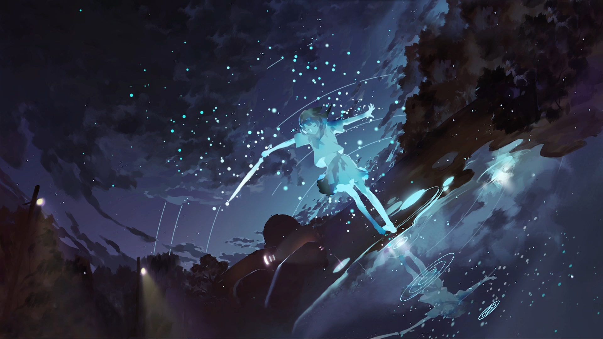 Anime girl with sword in starry night sky HD Wallpaper