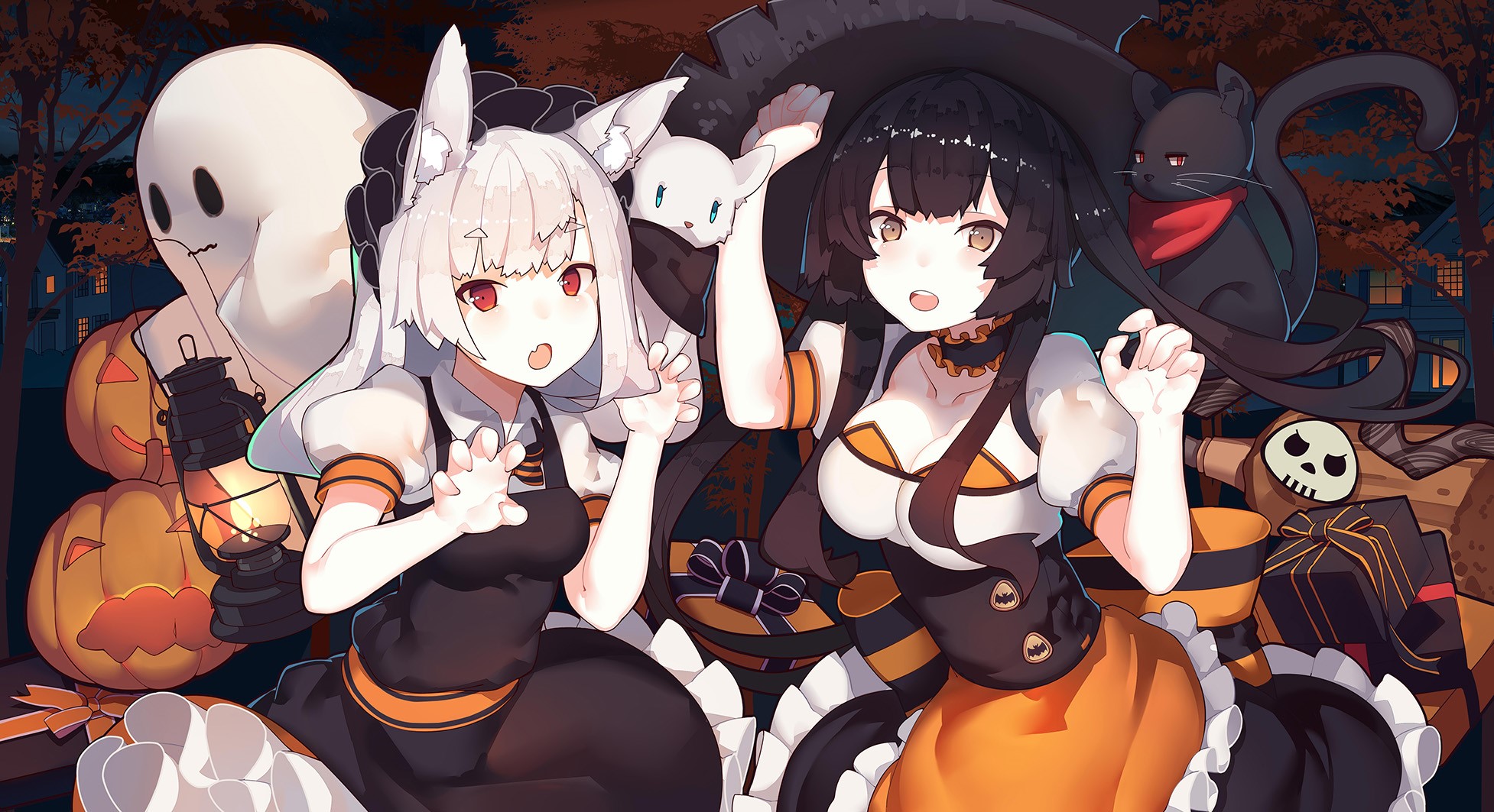 Anime girls in Halloween costumes with spooky decorations HD Wallpaper