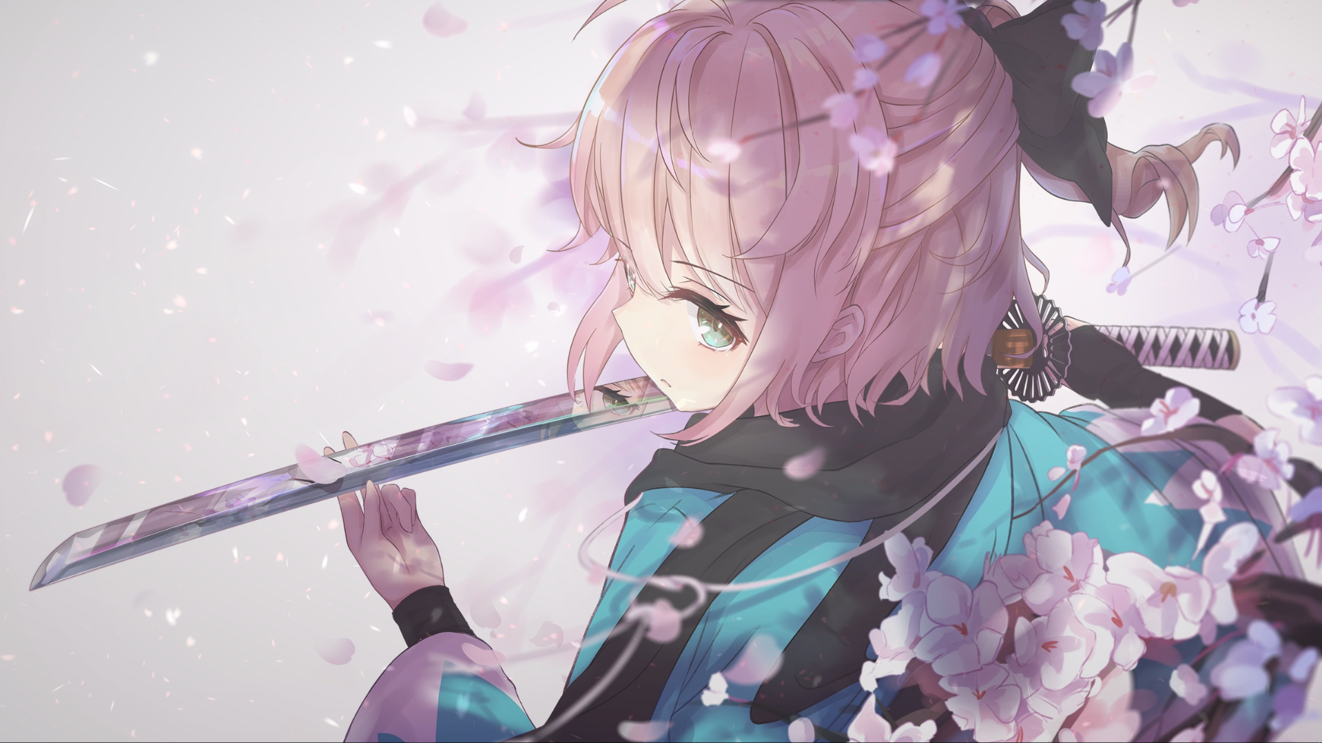 Anime girl with pink hair holding a katana surrounded by cherry blossoms HD Wallpaper
