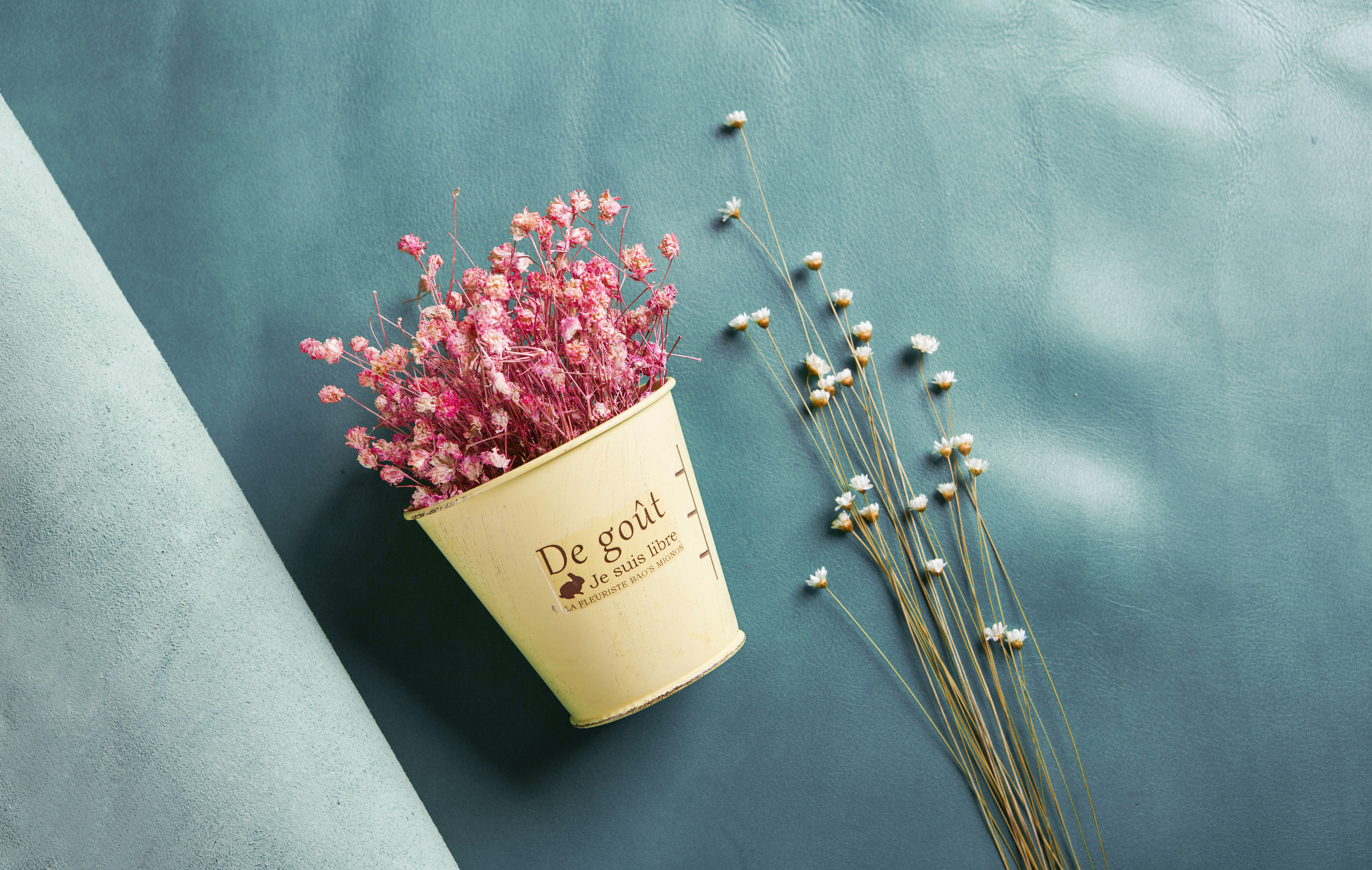 Dried pink flowers in a pot with dried white flowers HD Wallpaper