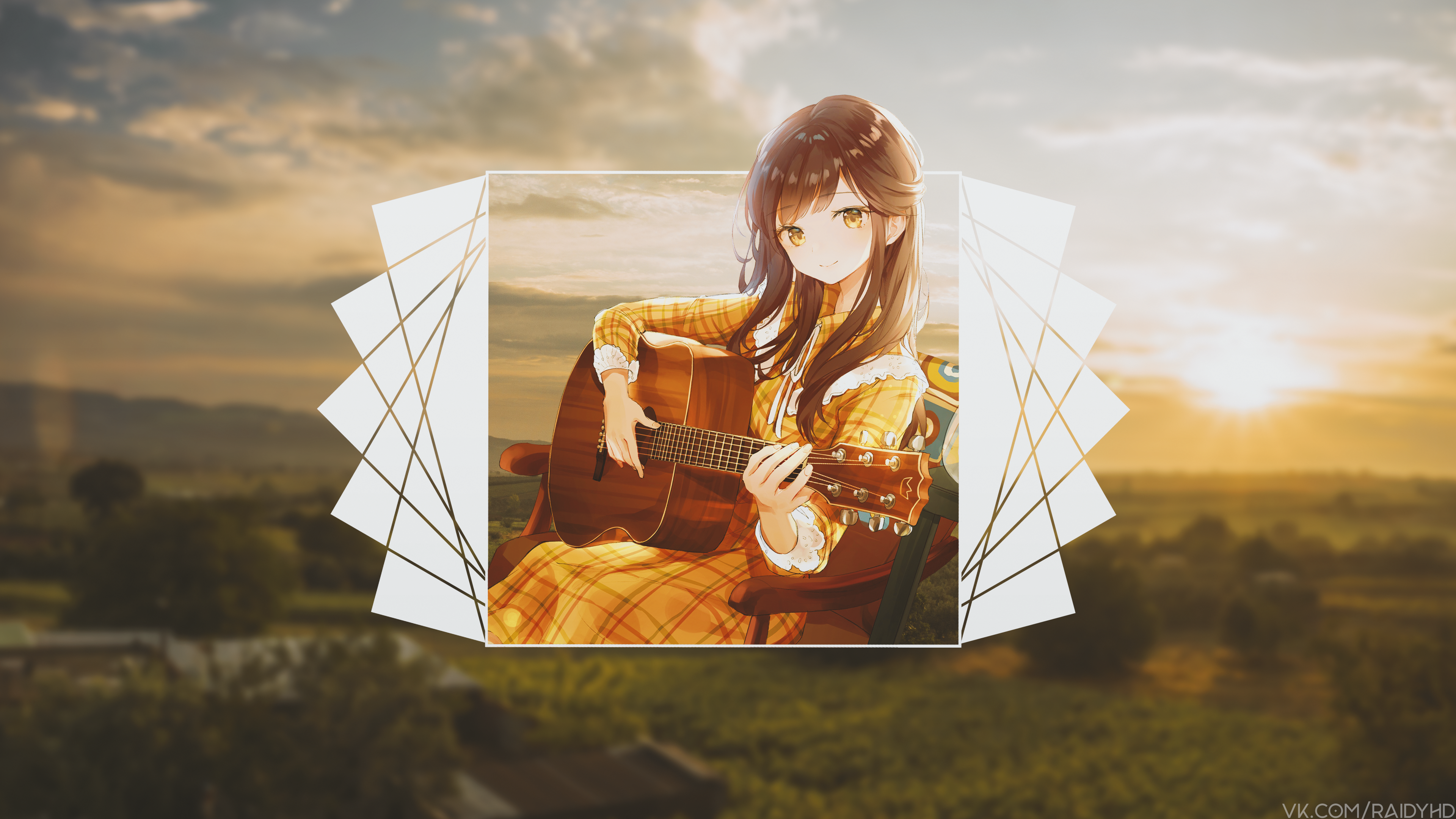 Anime girl playing guitar at sunset HD Wallpaper