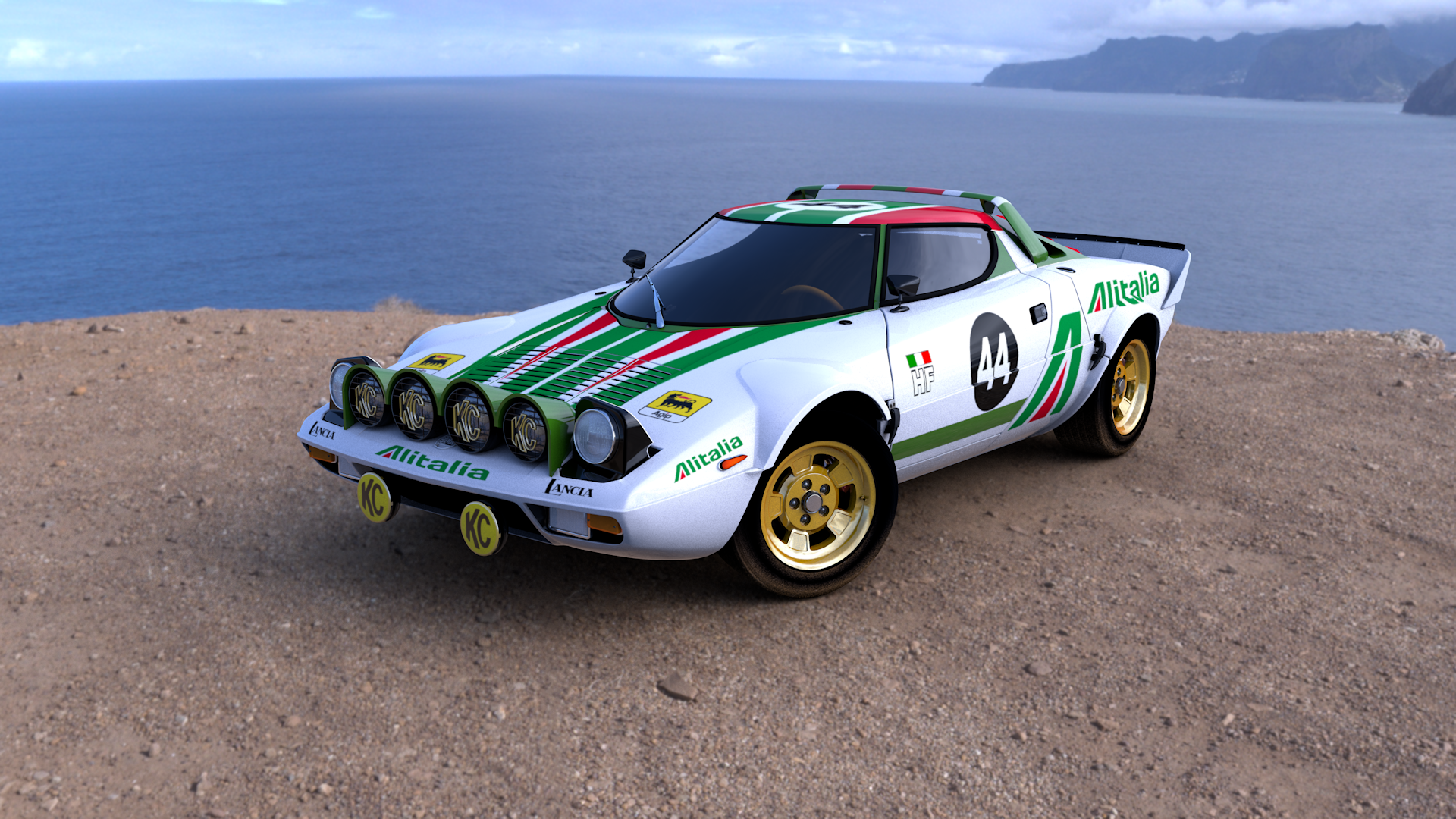 Lancia Stratos Alitalia rally car on a cliff overlooking the ocean HD Wallpaper