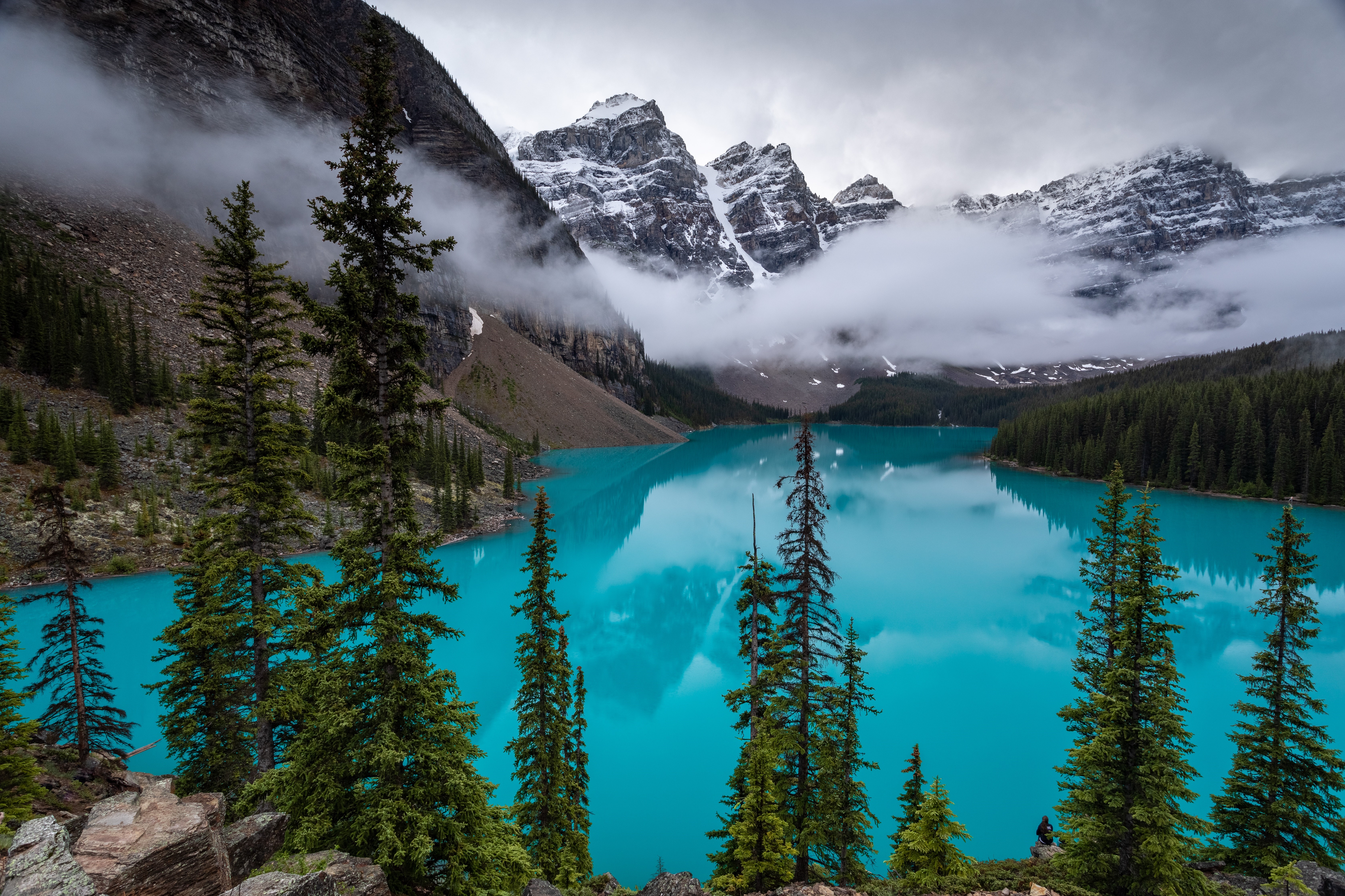 Moraine Lake with Mountains and Forest HD Wallpaper