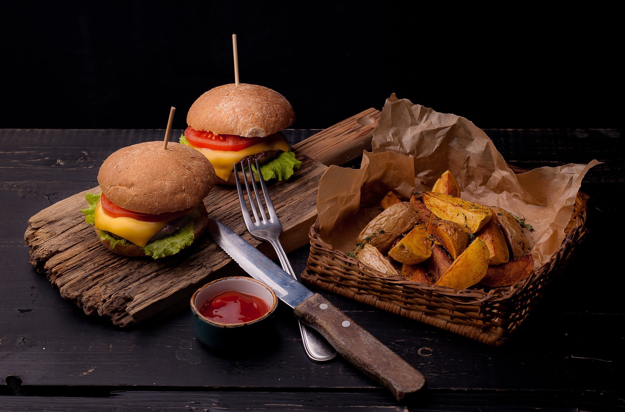 Two burgers with fries and ketchup HD Wallpaper